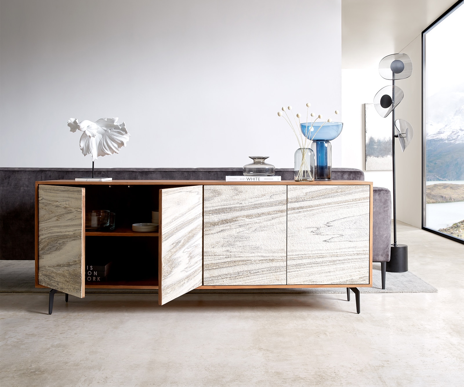 Sideboard Kleo 175 cm Akazie Natur 4 Türen Winkelfuß Metall Schwarz 3 Sideboard Kleo 175 cm Akazie Natur 4 Türen Winkelfuß Metall Schwarz 3