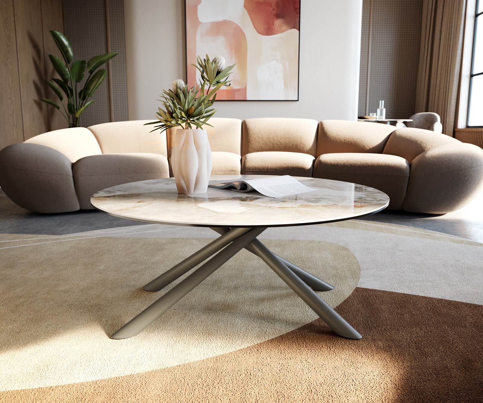 Table basse Edge rond 90x90 cm céramique Minas Melange Sarity Metall finition effet titane 4