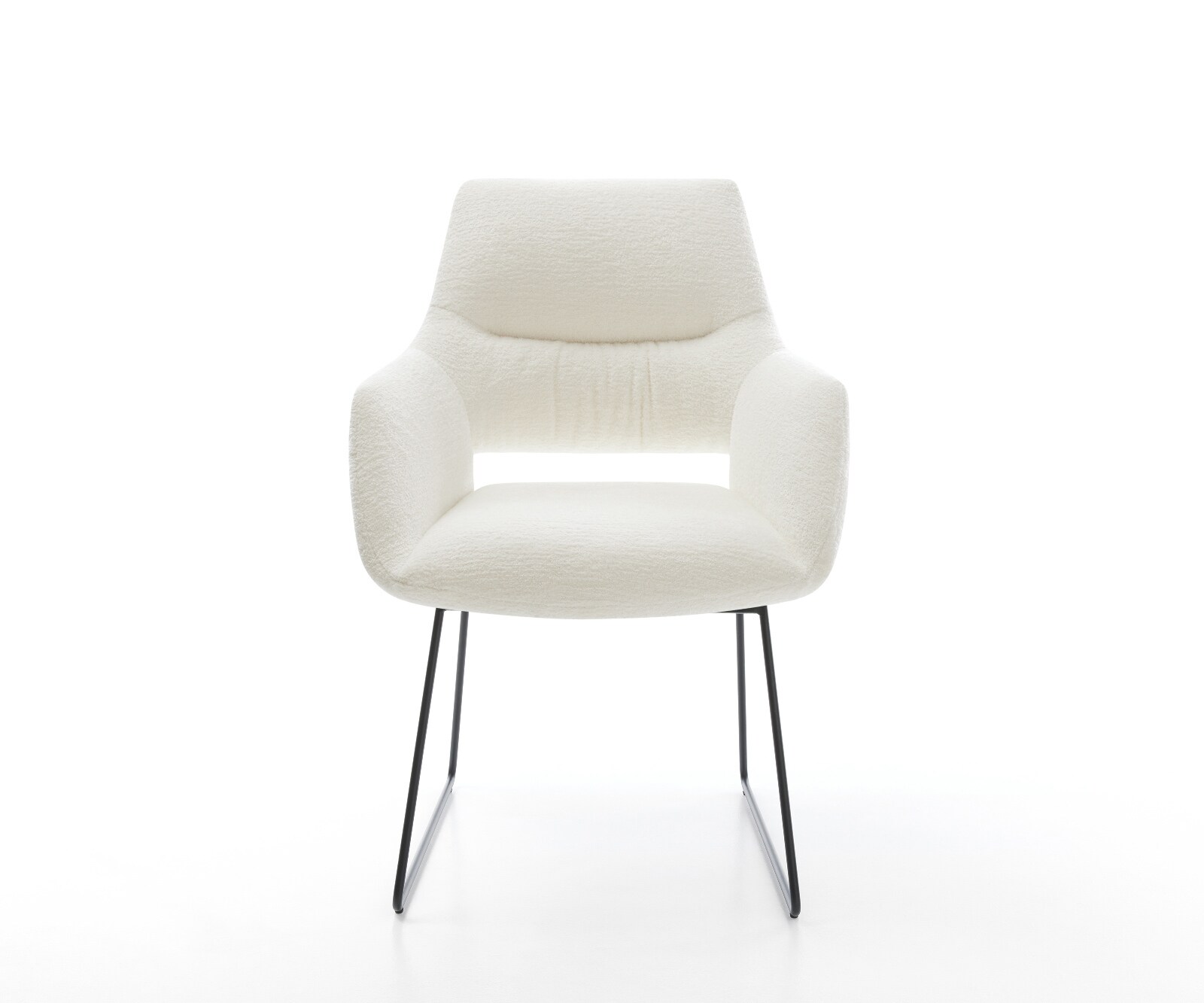 Chaise-de-salle-à-manger Yago-Flex avec accoudoirs bouclé doux beige pied trapèze noir resorts ensachés 1