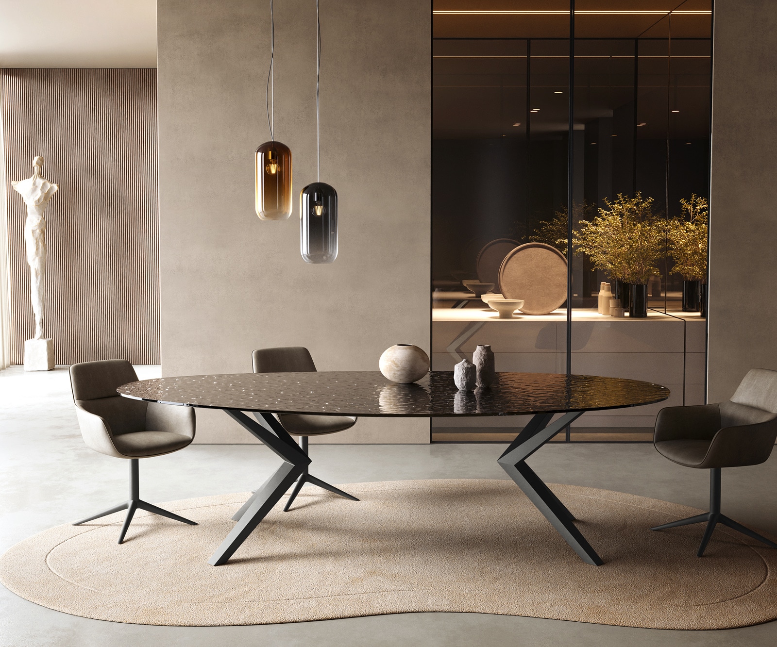 Table à manger Edge Ovale 280x130 Reliefglas RauchNoir 3D-Design Zenthara anguleux Métal Noir Table à manger Edge Ovale 280x130 Reliefglas RauchNoir 3D-Design Zenthara anguleux Métal Noir