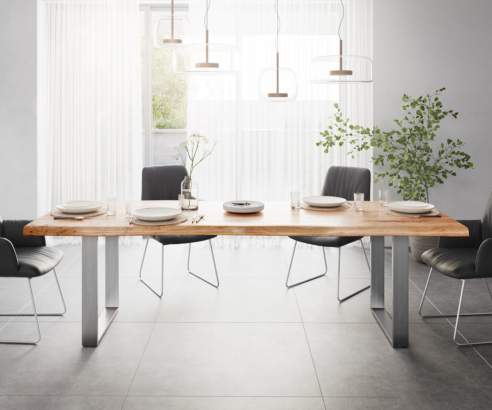 Esstisch Edge 260x100 XL Akazie Natur Edelstahl Schmal Live-Edge 1