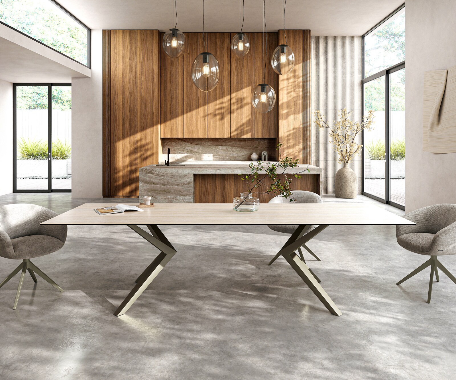 Esstisch Edge 300x100 Keramik Laminam® Travertino Bianco Creme-Weiß Zenthara kantig Metall Effektfinish Titan 1