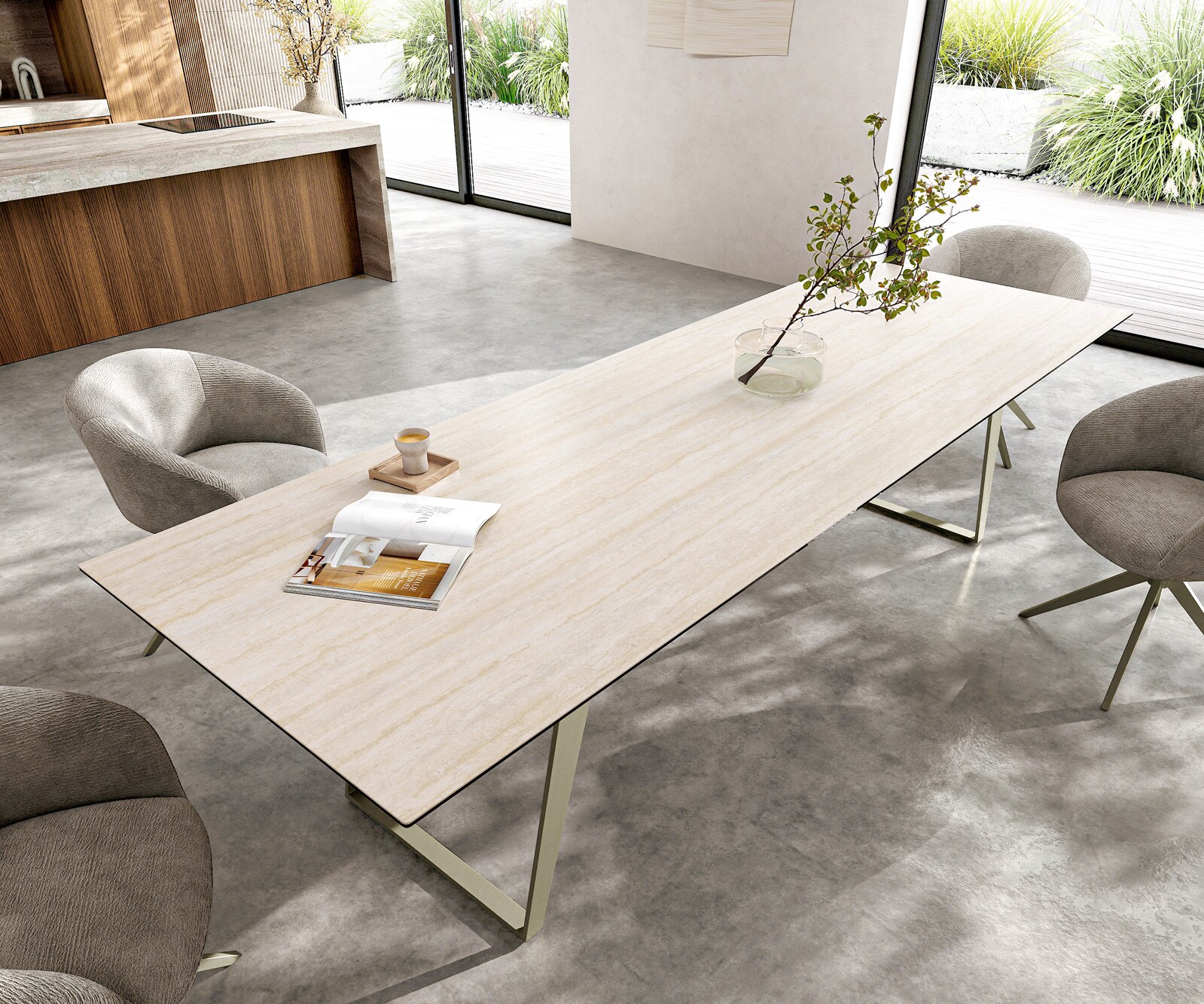 Table à manger Edge 300x100 cm Céramique Laminam®Travertino Bianco Creme-Blanc Métal Oblique Finition effet Titan 3