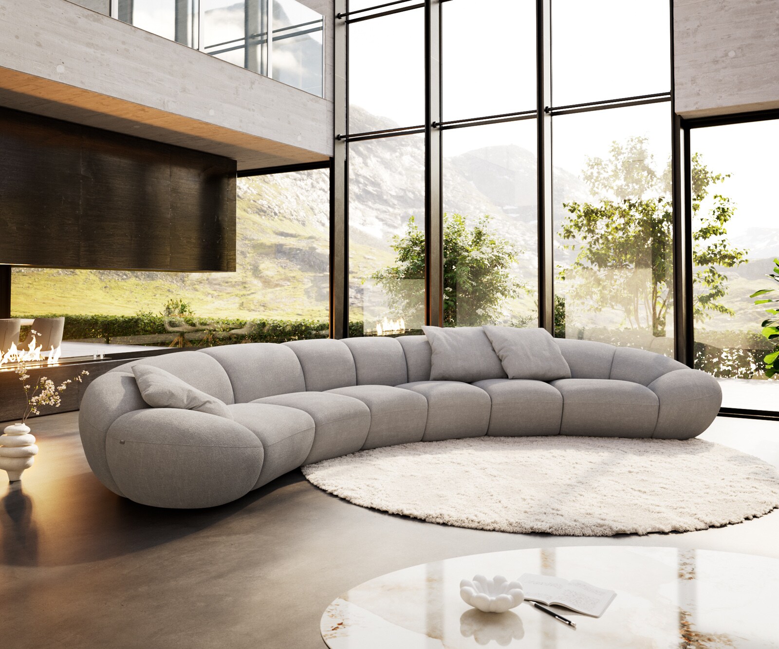 Big sofa Lunna 470x210 cm tissu bouclé taupe 3 coussins 1