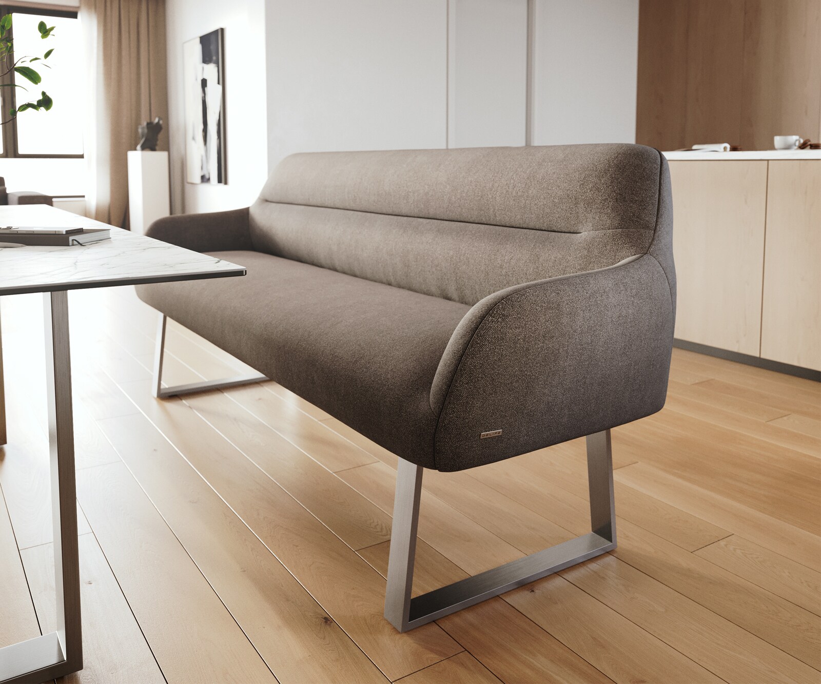 Banc-de-salle-à-manger Taya-Flex 200 cm tissu structuré doux taupe piètement à patins angulaire acier inoxydable ressort ensaché 4