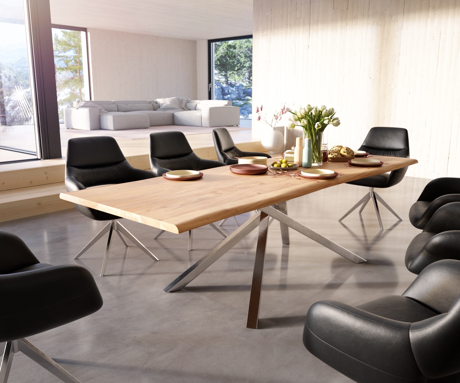 Table à manger Edge 260x100 Acacia Naturel Cadre croisé rectangle Acier inoxydable Live-Edge Table à manger Edge 260x100 Acacia Naturel Cadre croisé rectangle Acier inoxydable Live-Edge