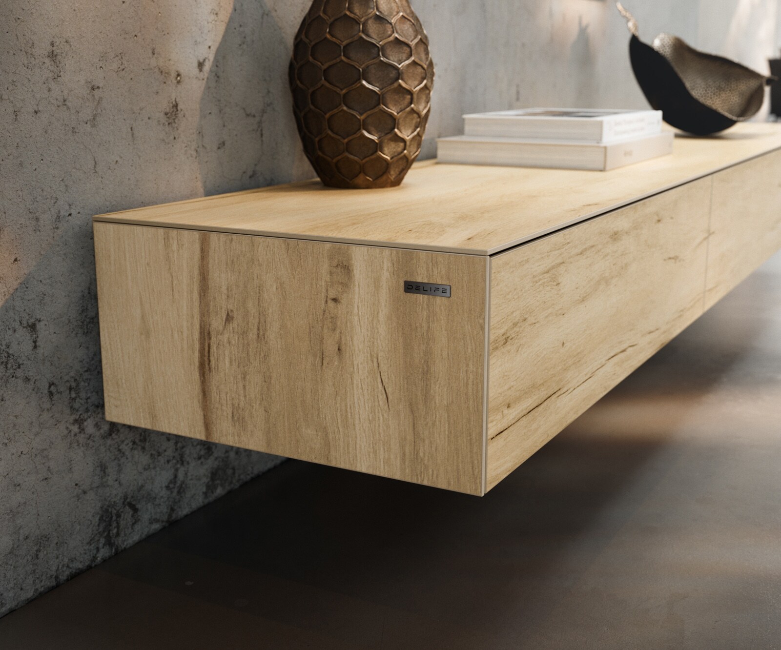 Meuble-TV Cuor 200 cm Céramique Laminam® Sabbia Teinte chêne 1 Clapet 1 Tiroir Pied optique flottant Verre acrylique 5