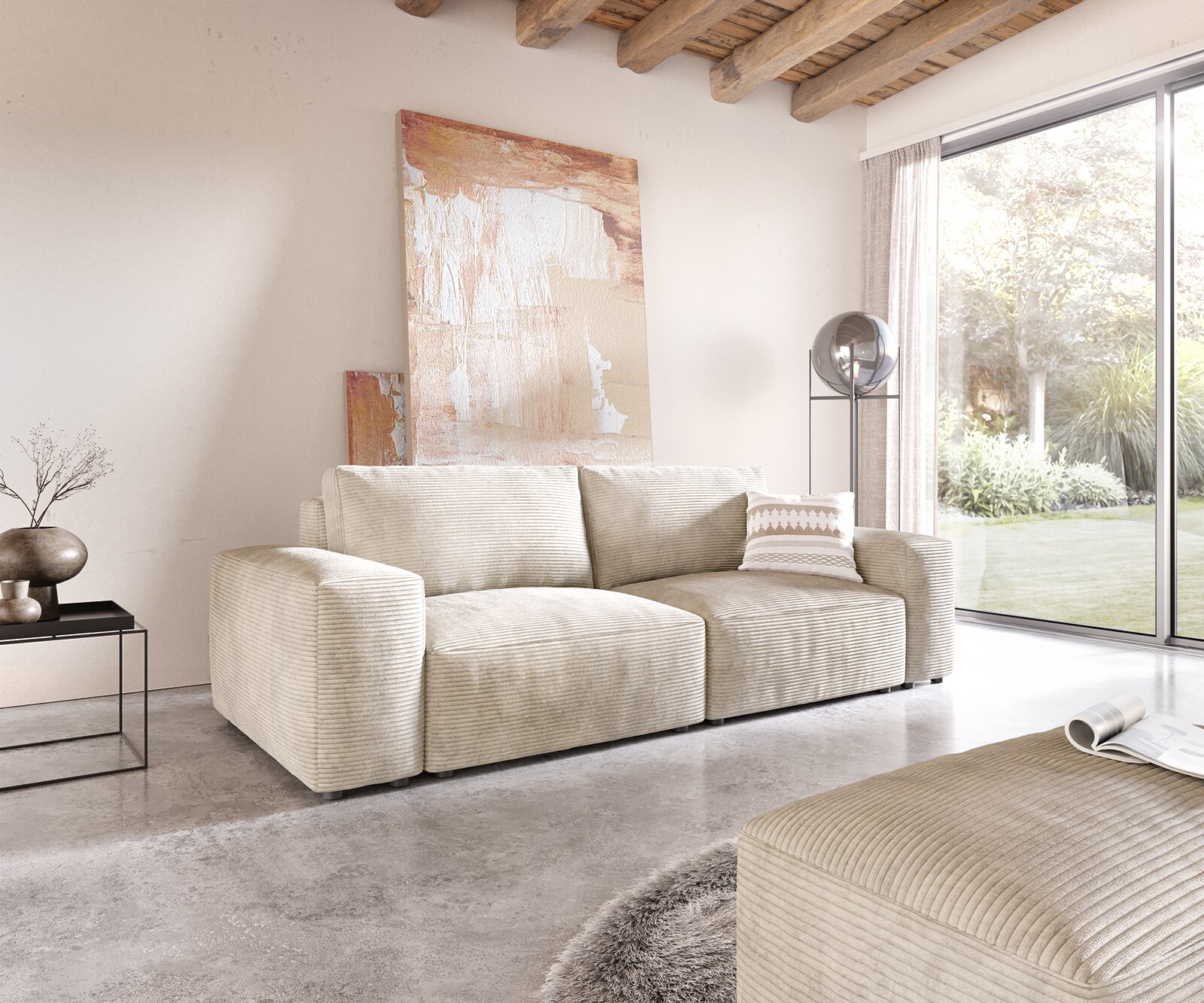 Big canapé Lanzo 230x95 cm velours côtelé beige avec pouf