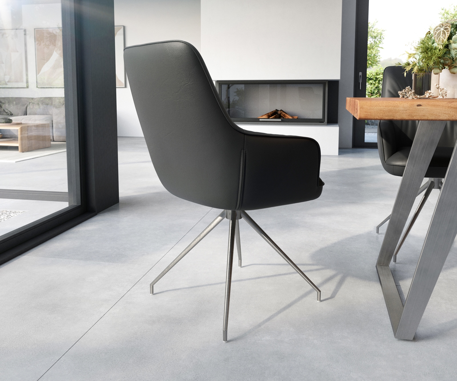 Esszimmerstuhl Zelia-Flex mit Armlehnen Echt-Leder Schwarz Kreuzgestell konisch Edelstahl Taschenfederkern 4 Esszimmerstuhl Zelia-Flex mit Armlehnen Echt-Leder Schwarz Kreuzgestell konisch Edelstahl Taschenfederkern 4