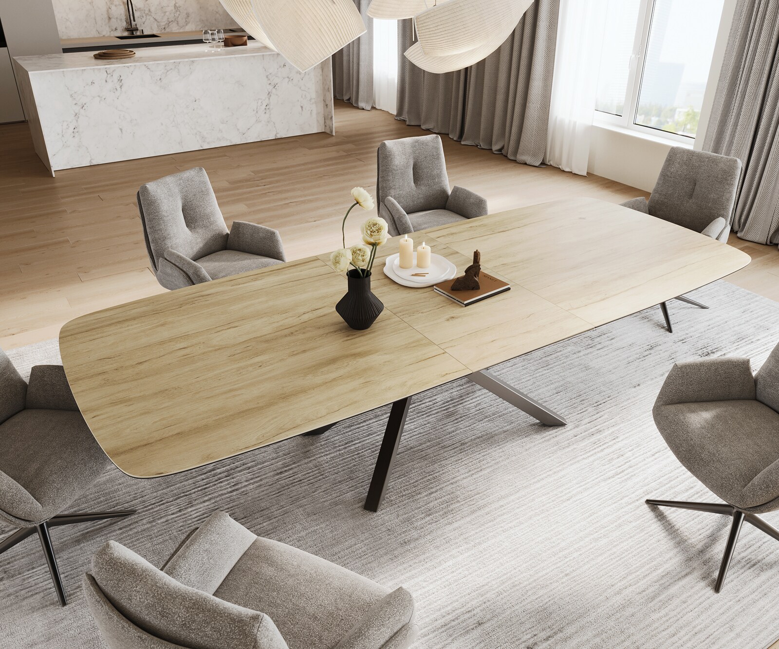 Esstisch Edge Boot 240-300x120 cm Keramik Laminam® Sabbia Eichefarbig Kreuzgestell Rechteck Edelstahl Graphit ausziehbar 3