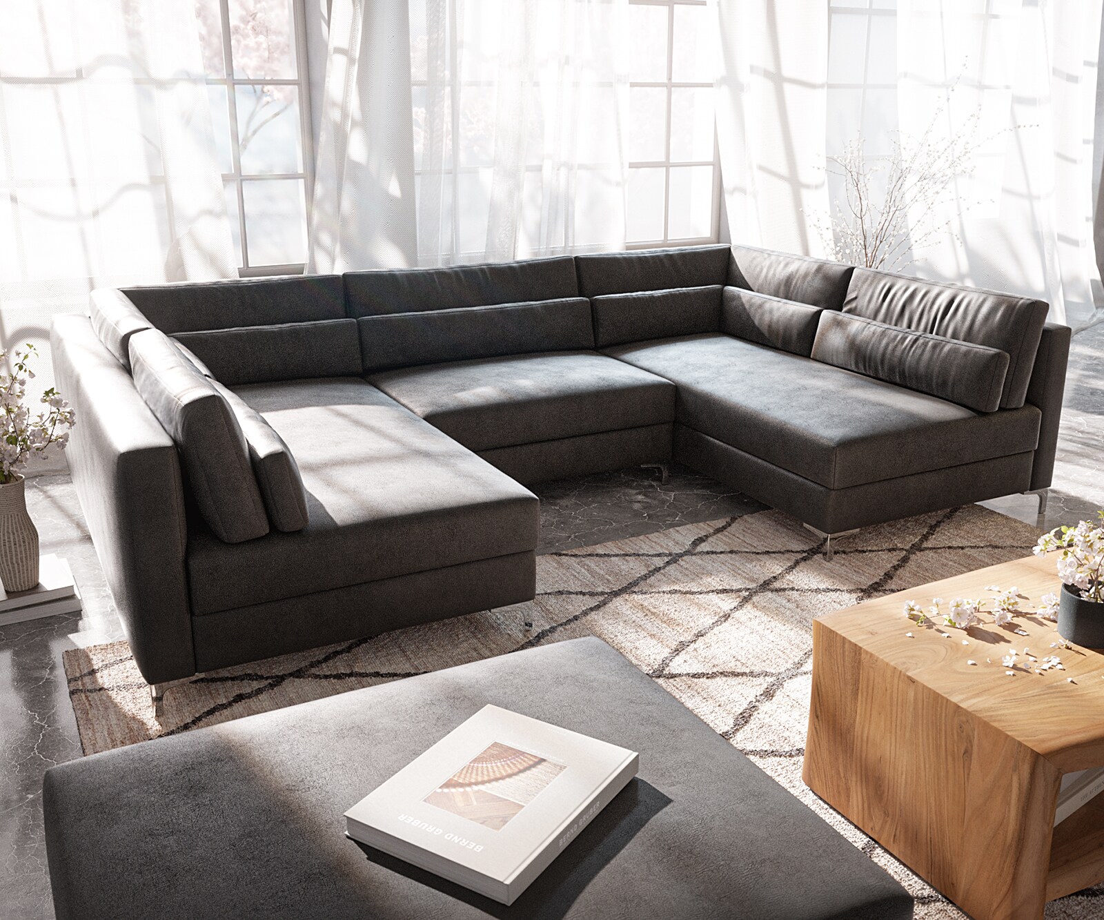 Canapé-panoramique Elio 300x185 cm similicuir vintage anthracite avec pouf 4