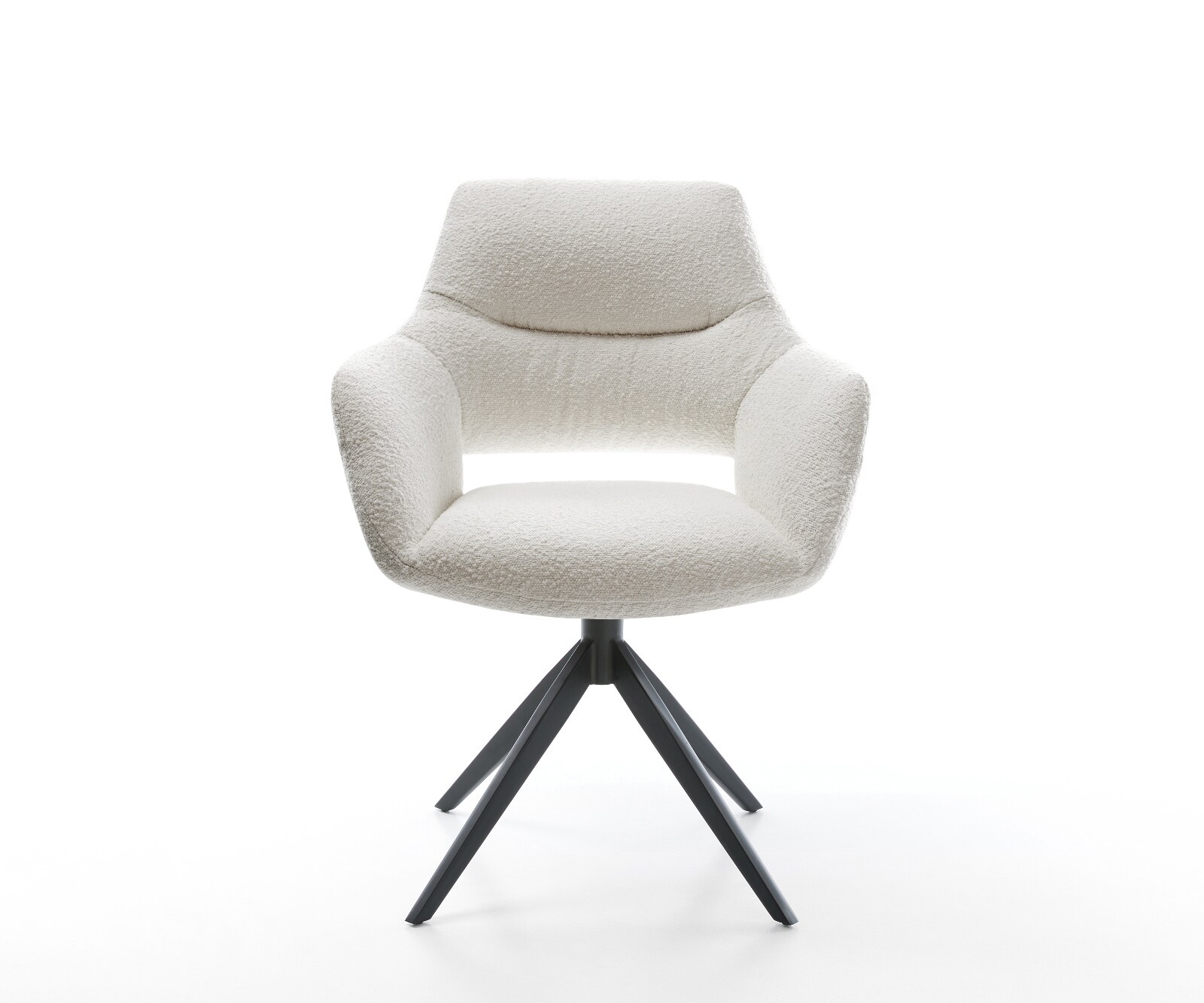 Chaise-pivotante Yago-Flex avec accoudoirs bouclé crème-blanc pied croisé large noir pivotement sur 360° fonction bascule ressorts ensachés 1