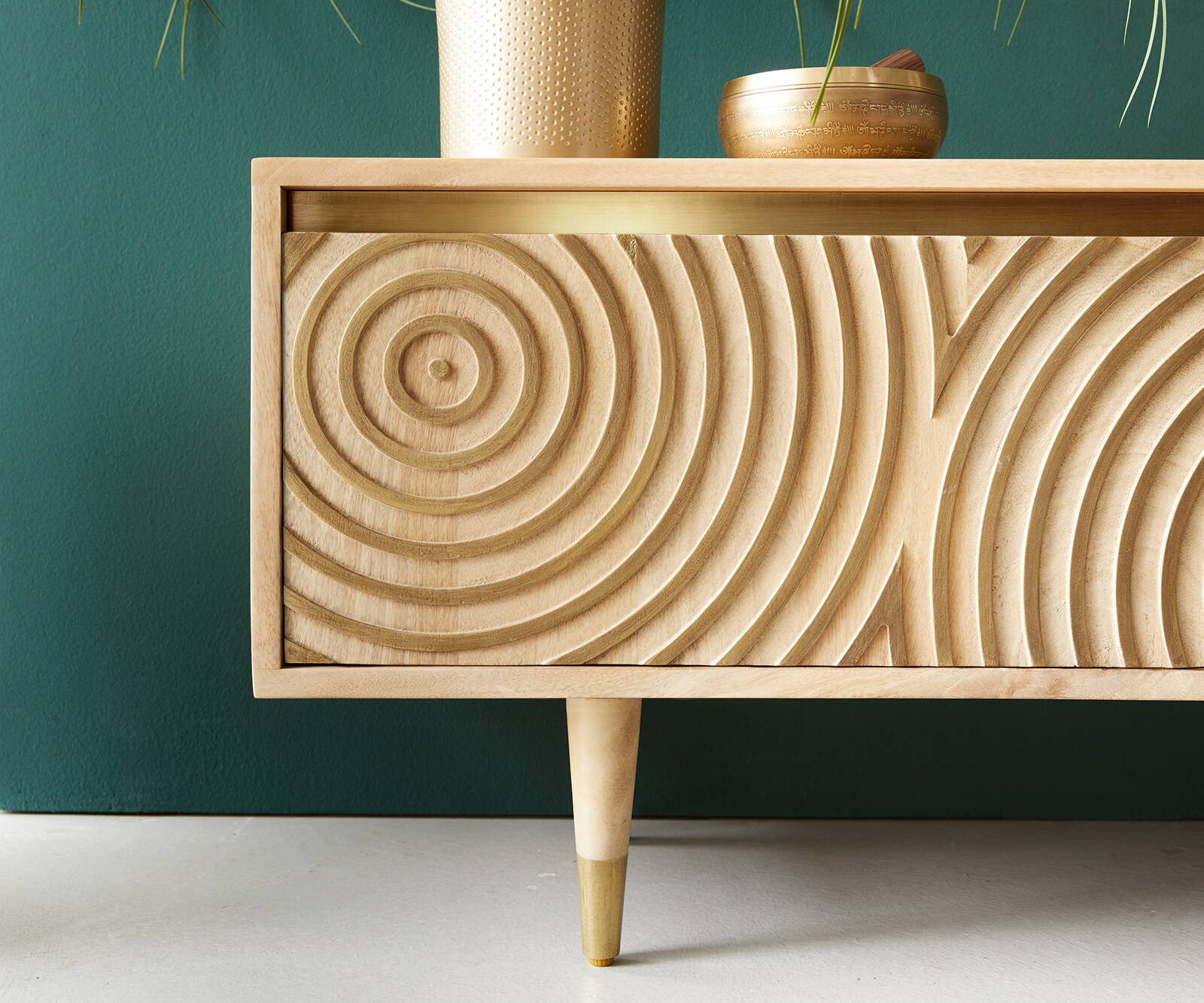 Meuble-TV Budaya 220 cm manguier naturel 4 portes pied conique 8