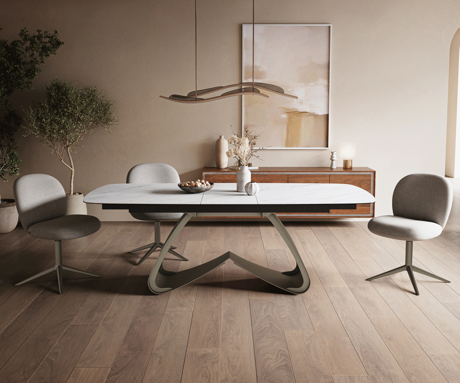 Esstisch Edge Boot 180-220x100 cm Keramik Laminam® Statuarietto Weiß W-Gestell Metall Effektfinish Titan ausziehbar 1
