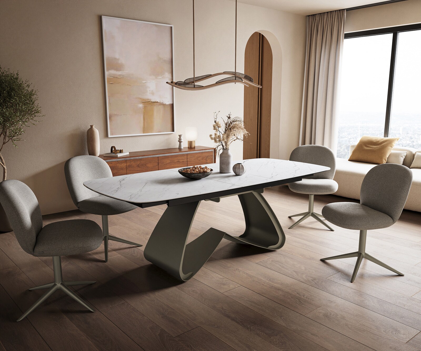 Esstisch Edge Boot 180-220x100 cm Keramik Laminam® Statuarietto Weiß W-Gestell Metall Effektfinish Titan ausziehbar 5