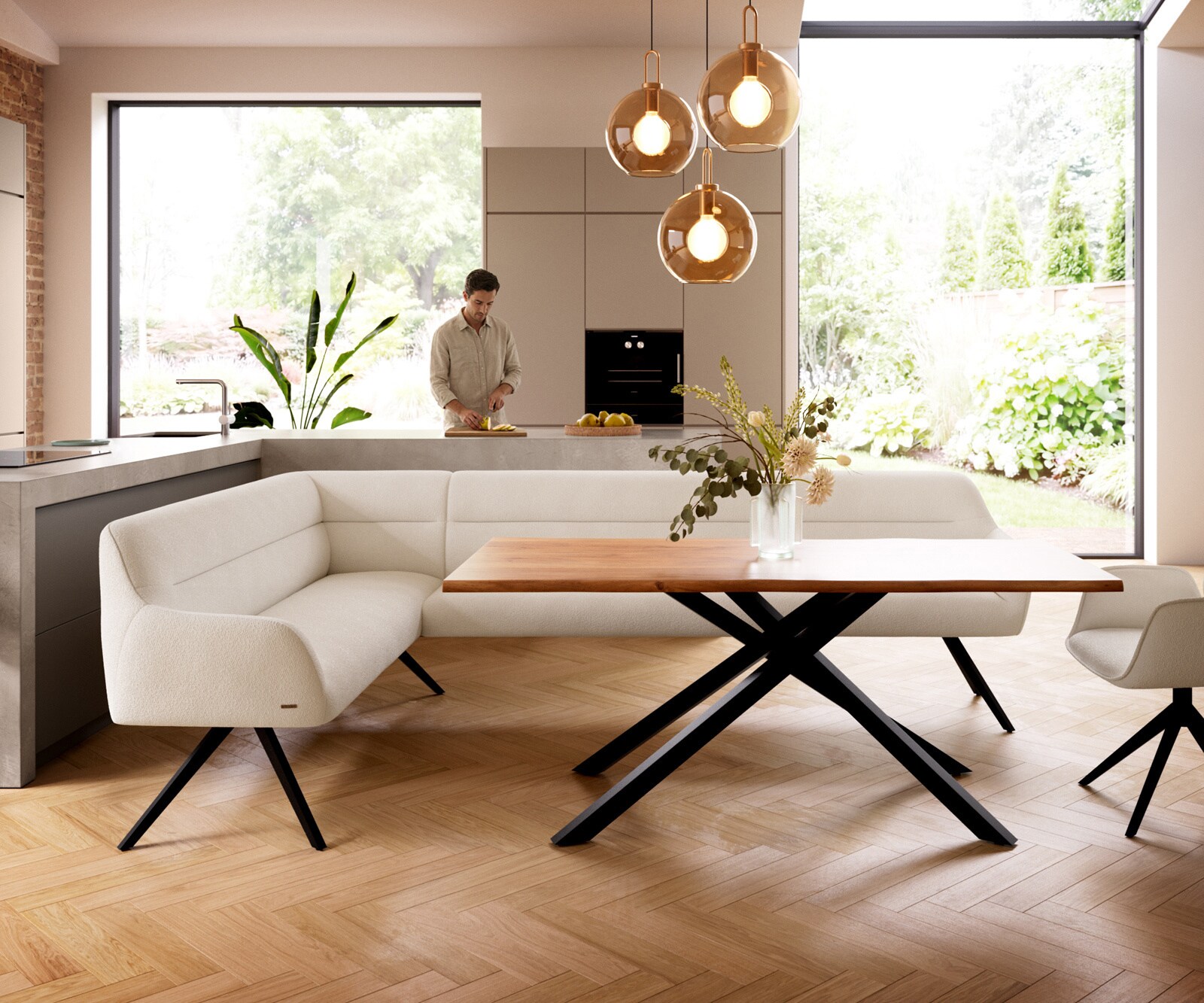 Esszimmerbank Taya-Flex 285x190 cm Bouclé Creme-Weiß Kreuzgestell kantig Schwarz Taschenfederkern Rechts 1