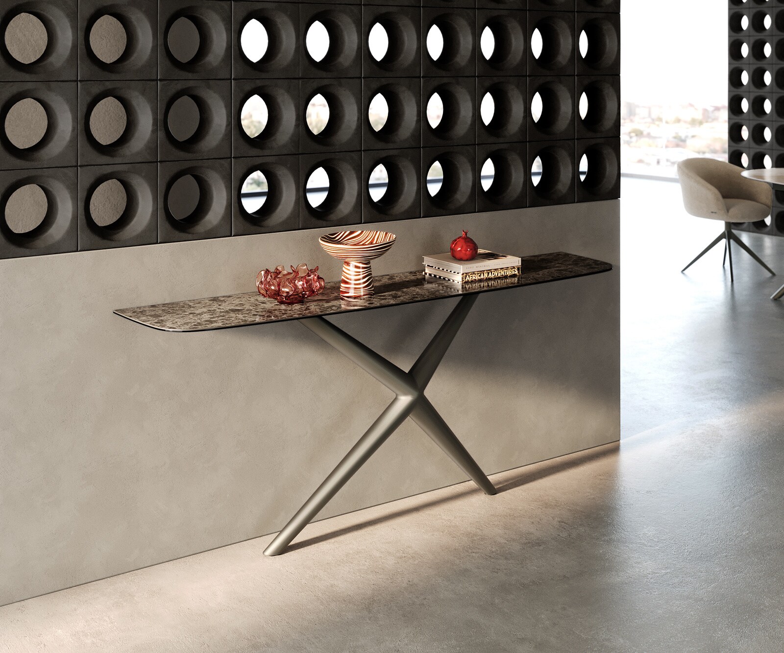 Console Edge forme bateau 180x40 cm Céramique Emperador Extra Lucidato Dunkelbraun Estelo Métal Effektfinish Titan 3