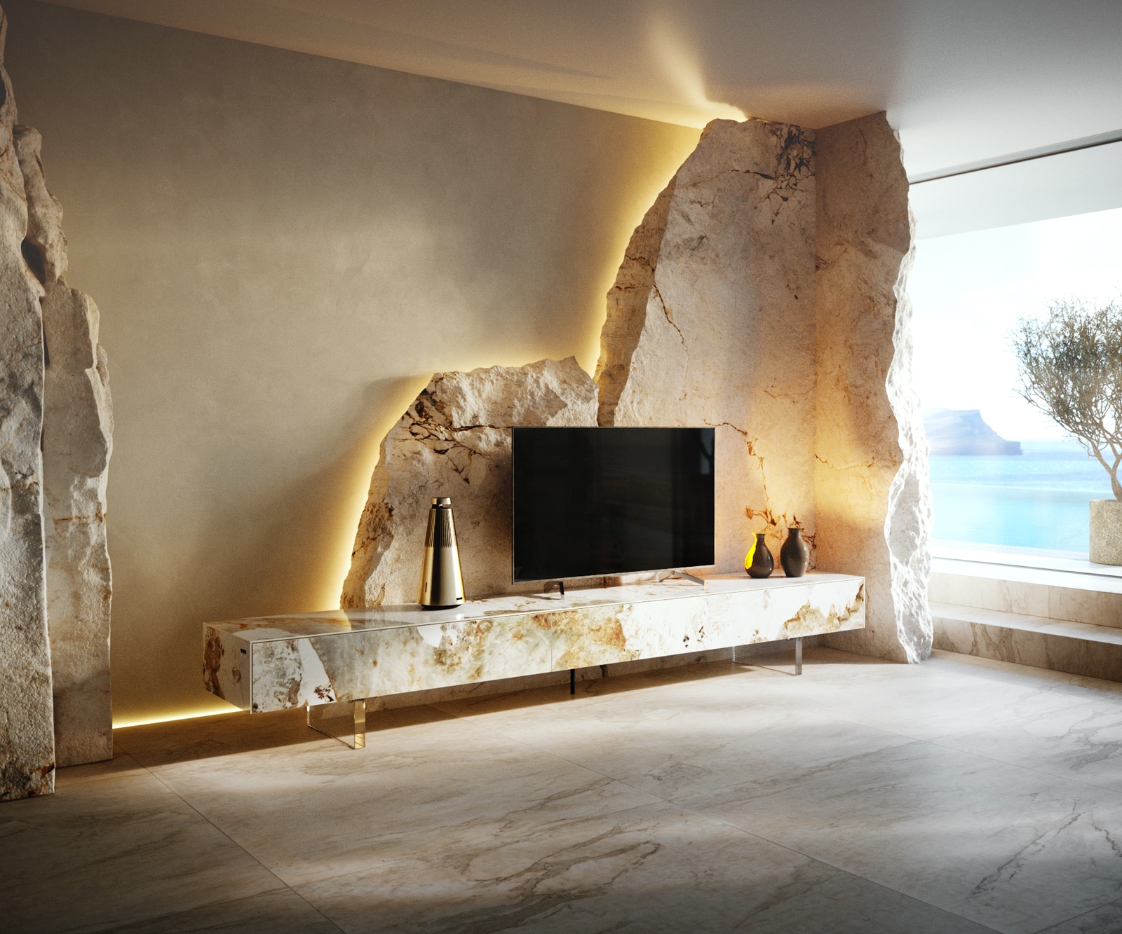 Meuble-TV Cuor 250 cm Céramique Minas Melange Blanc-beige 1 Clapet 1 Tiroir Pied optique flottant Verre acrylique 1 Meuble-TV Cuor 250 cm Céramique Minas Melange Blanc-beige 1 Clapet 1 Tiroir Pied optique flottant Verre acrylique 1
