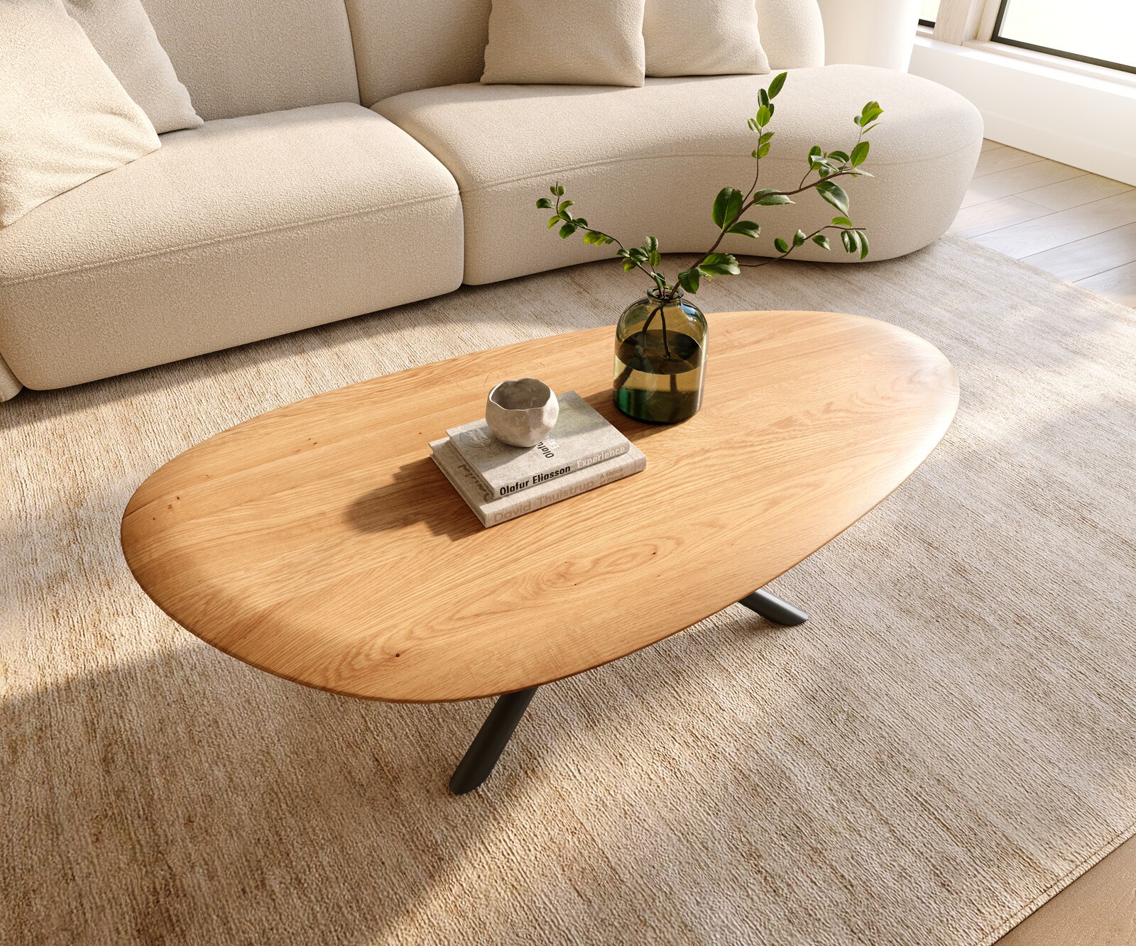 Table basse Edge Oval 140x75 cm chêne naturel bord arrondi Sarity métal noir 4