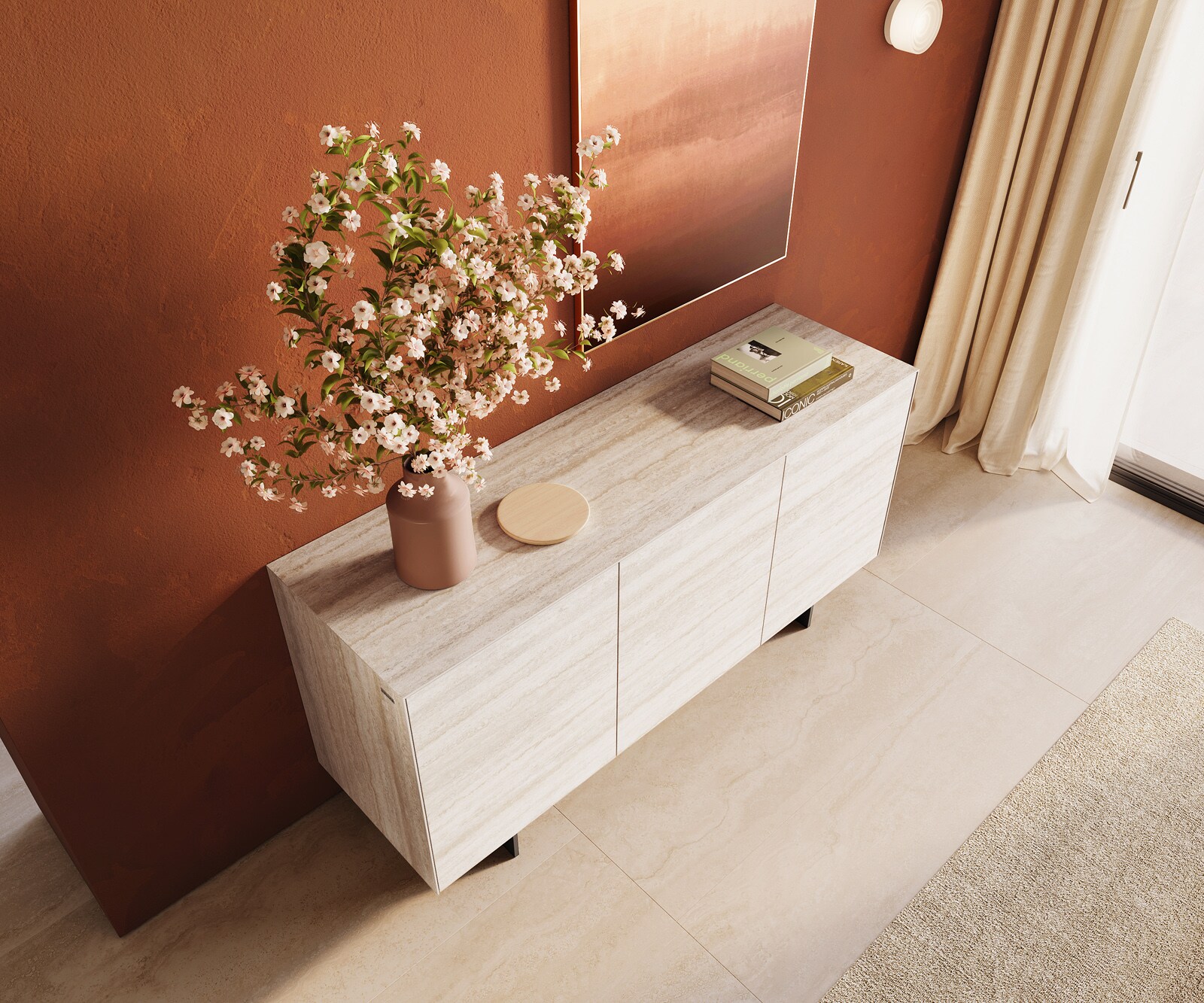 Sideboard Cuor 150 cm Keramik Laminam® Travertino Bianco Creme-Weiß 3 Türen Fuß Schwebeoptik Metall Schwarz 3