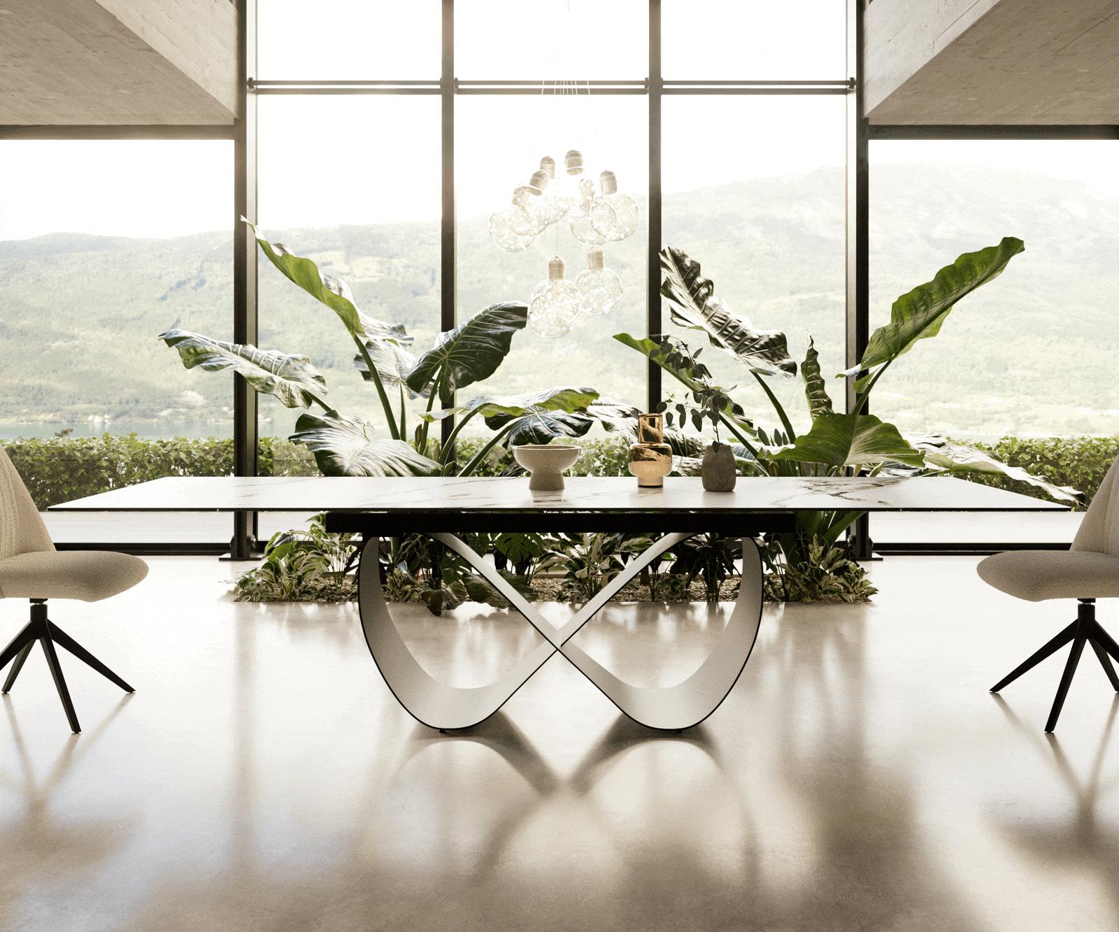 Table à manger Edge 200-300x100 cm Céramique Calacatta Luxe Blanc-Or-Gris Infinity Métal Noir extensible 1