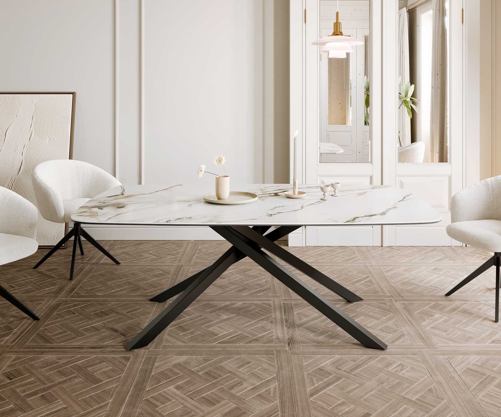 Esstisch Edge Boot 200x100 Keramik Calacatta Luxe Weiß-Gold-Grau Kreuzgestell Rechteck Schwarz 1