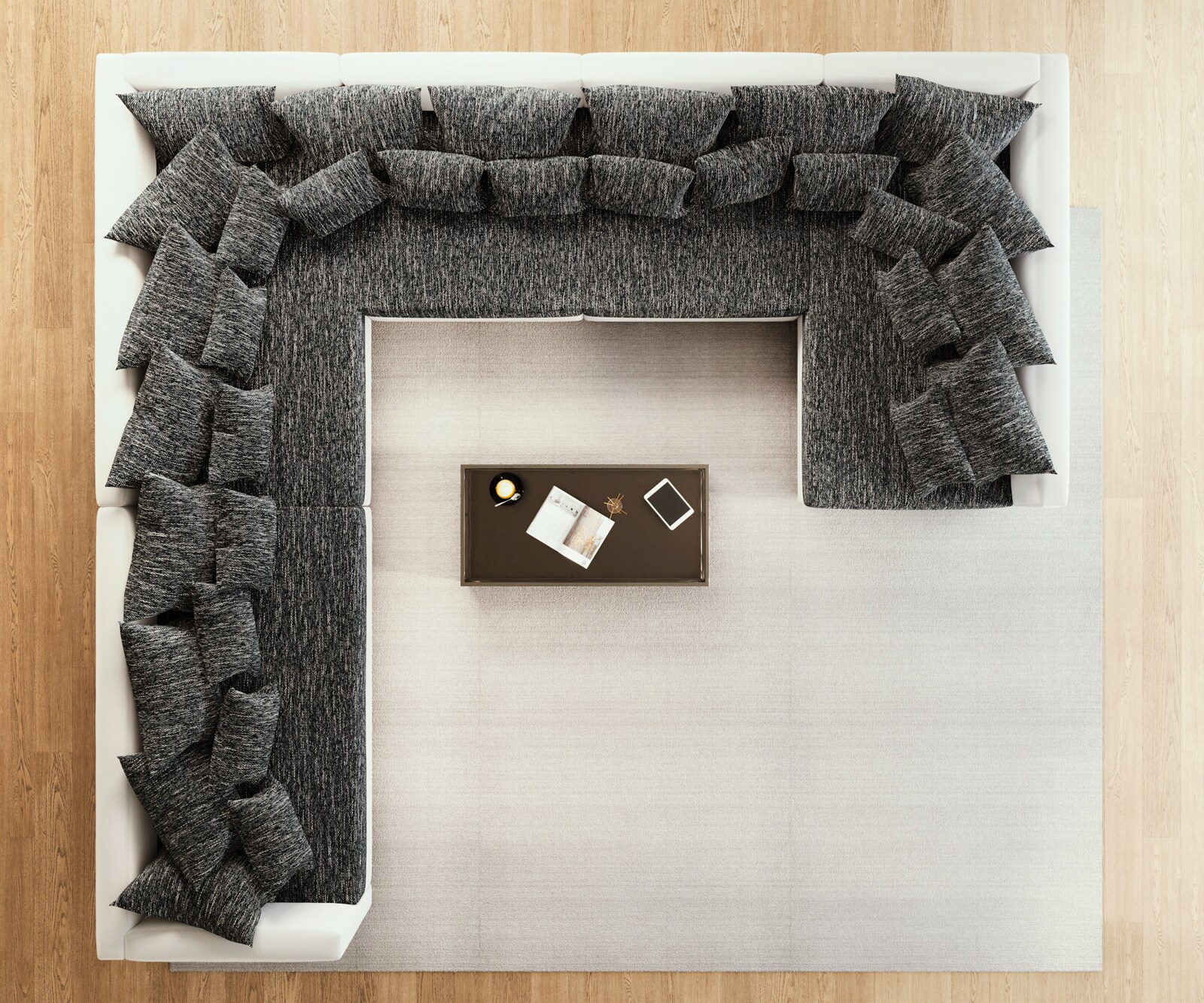 Canapé Panoramique Clovis XXL blanc noir pouf gauche 3