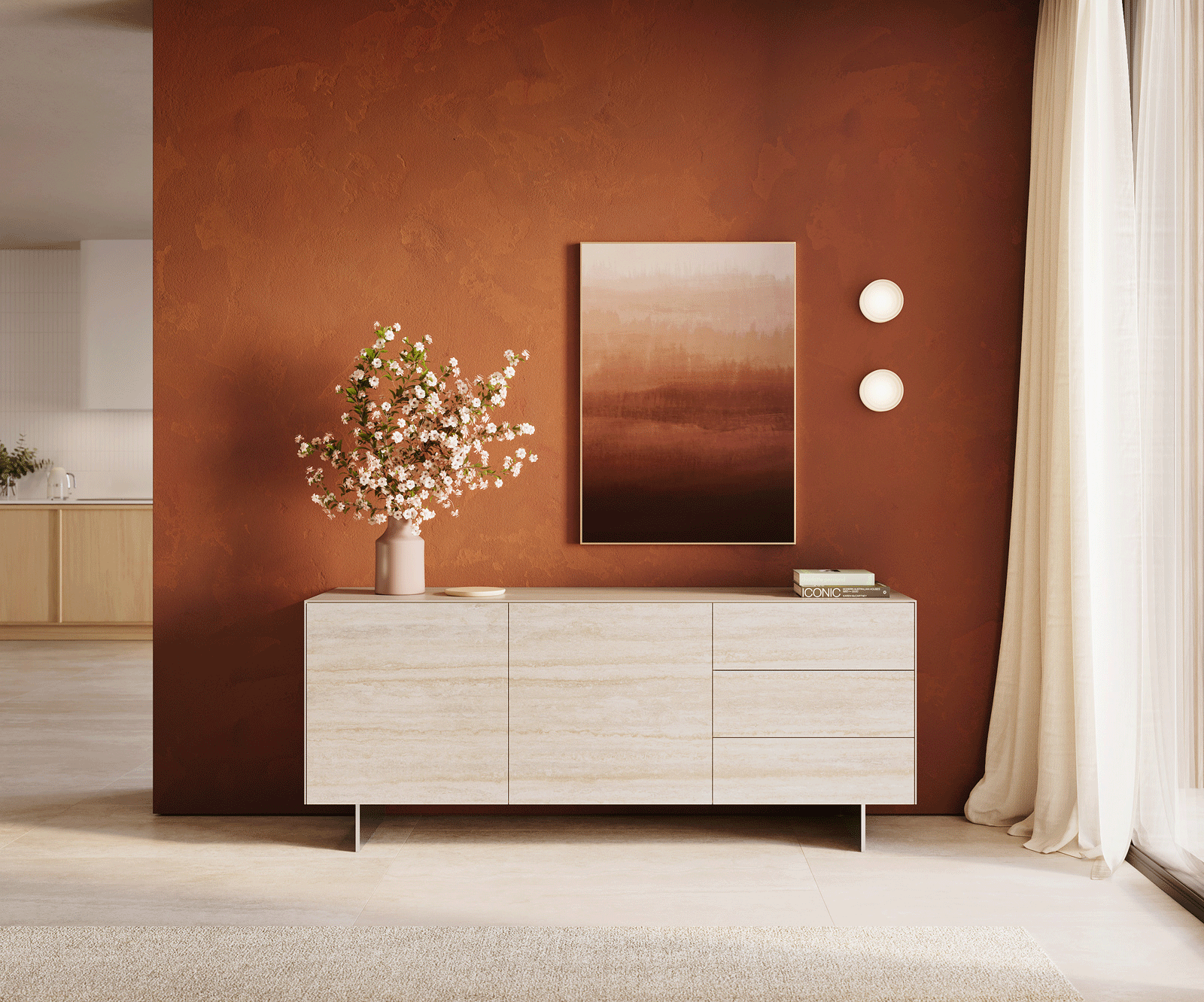 Sideboard Cuor 180 cm Keramik Laminam® Travertino Bianco Creme-Weiß 2 Türen 3 Schubfächer Fuß Schwebeoptik Edelstahl 1