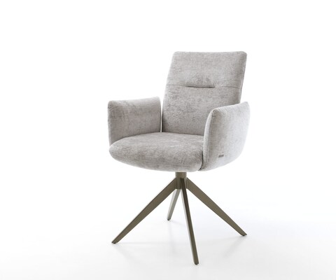 Chaise-pivotante Jova-Flex avec accoudoirs chenille gris argenté pied croisé large aspect titane pivotement sur 360° ressorts ensachés