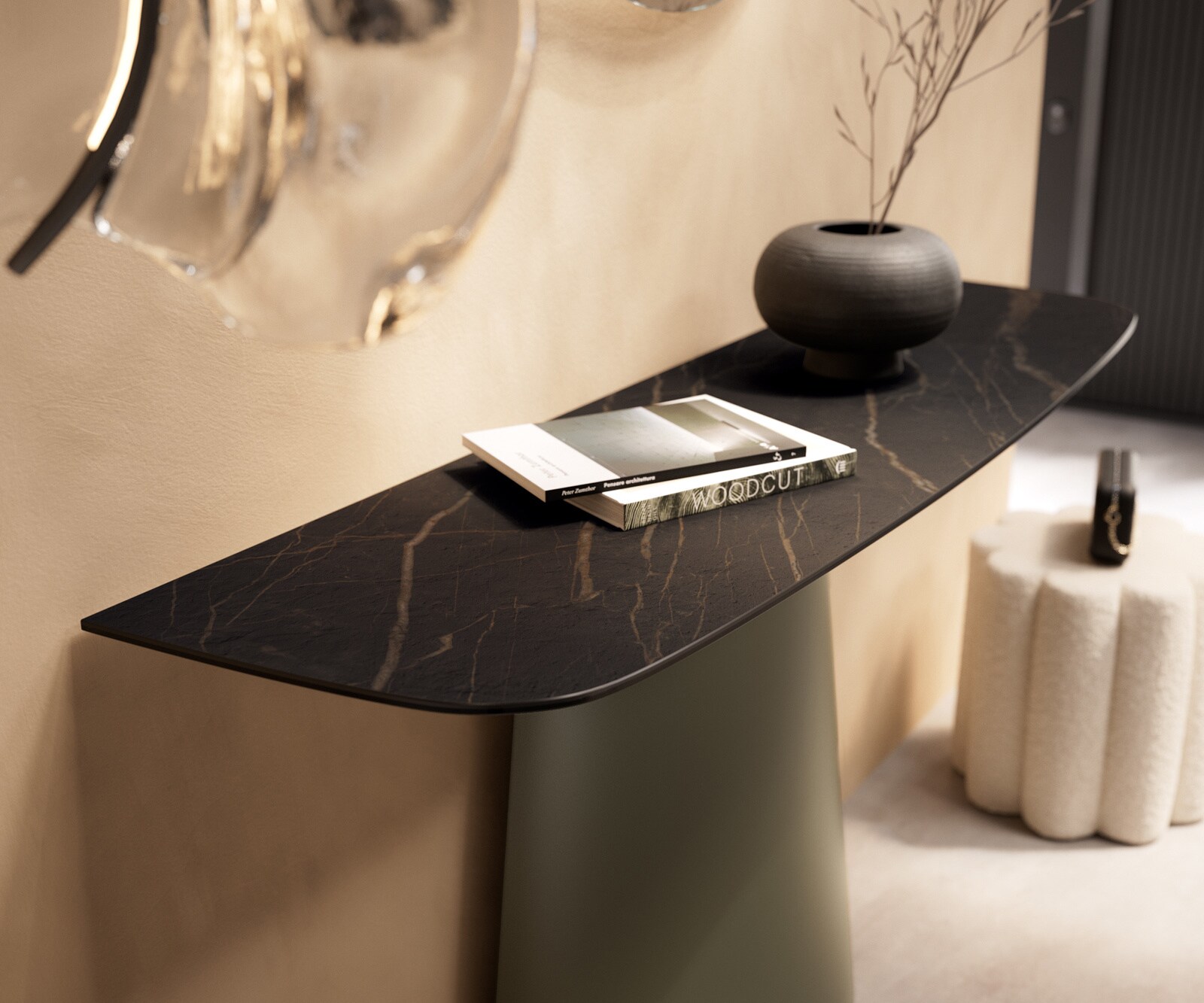 Console Edge forme bateau 140x40 cm Céramique Laminam® Noir Desir Braun Conos Métal Effektfinish Titan 5