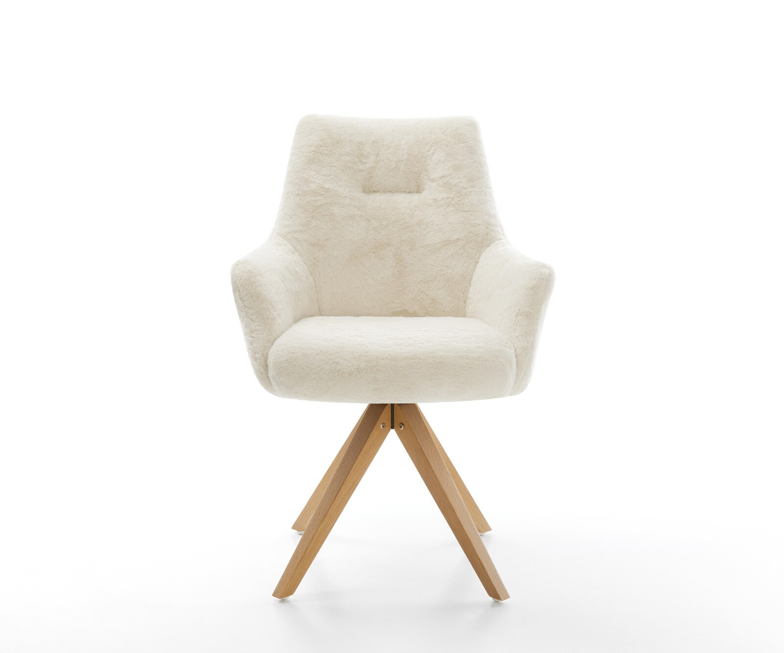Chaise-pivotante Alja-Flex avec accoudoirs peluche crème-blanc pied en bois angulaire naturel pivotement sur 180° resorts ensachés 2