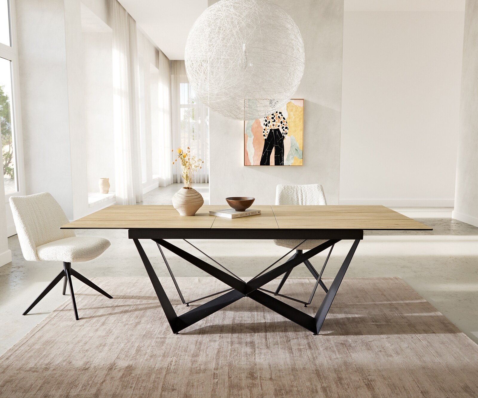 Esstisch Edge 180-220x100 Keramik Laminam® Sabbia Eichefarbig Spider Flachstahl Schwarz ausziehbar 1