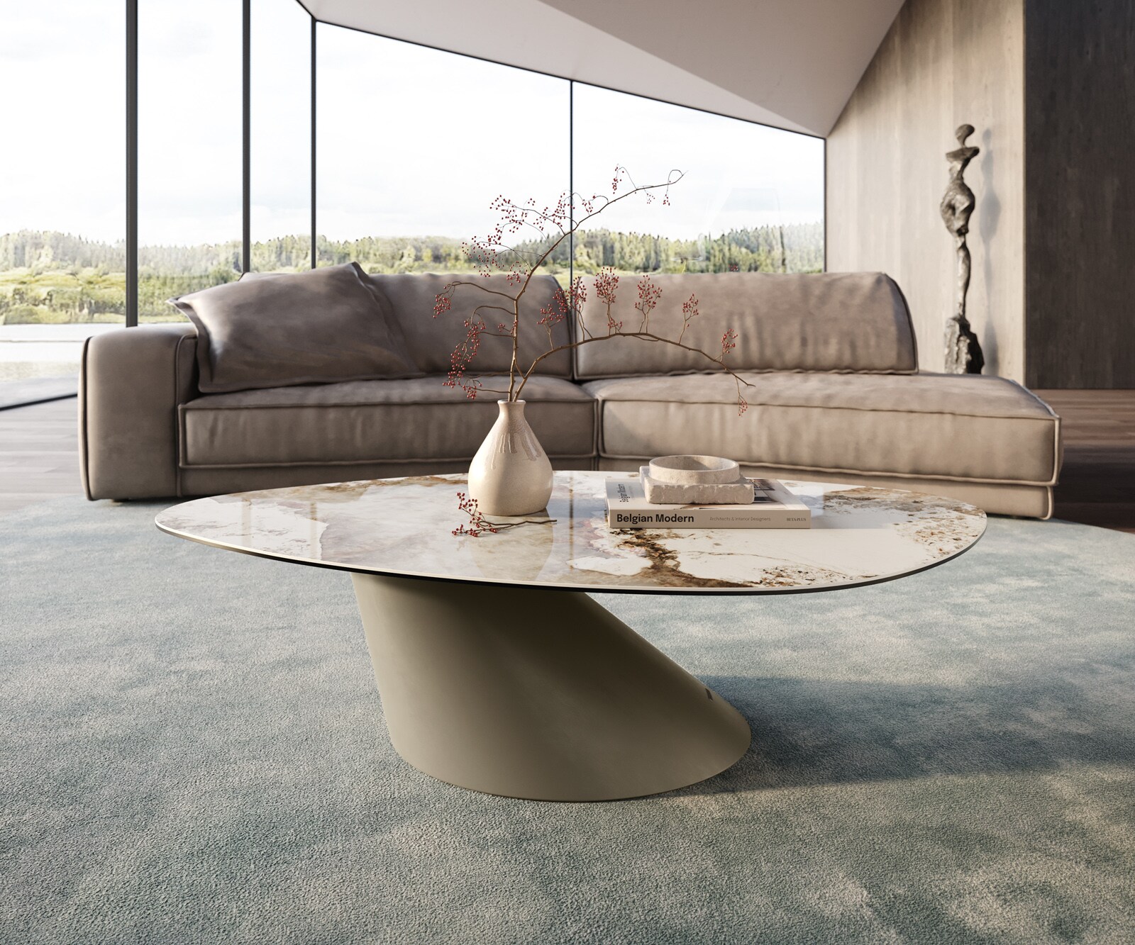 Table basse Edge Organique 140x76 cm céramique Minas Melange Conis Metall finition effet titane 1