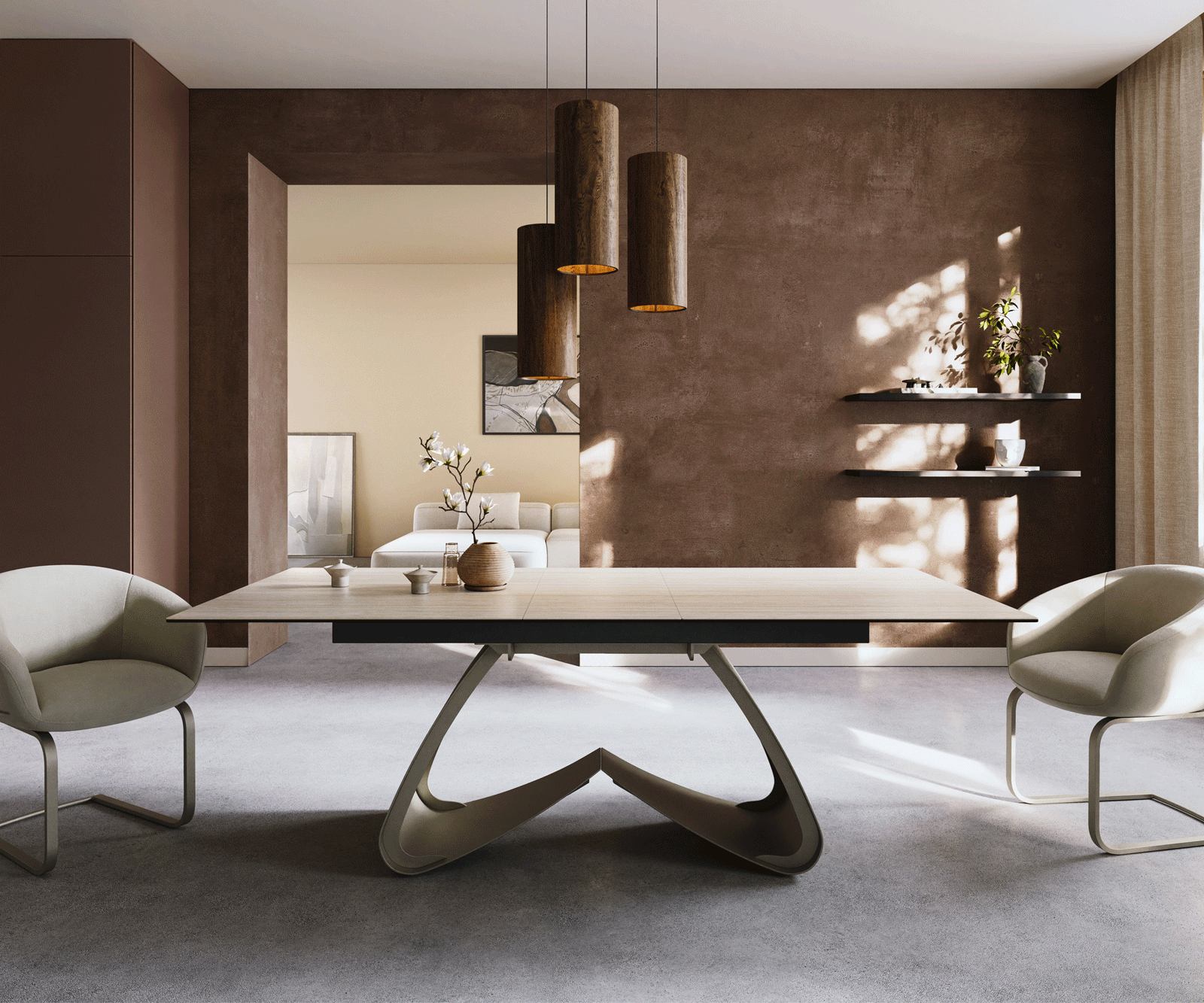 Esstisch Edge 180-220x100 Keramik Laminam® Travertino Bianco Creme-Weiß W-Gestell Effektfinish Titan ausziehbar 1