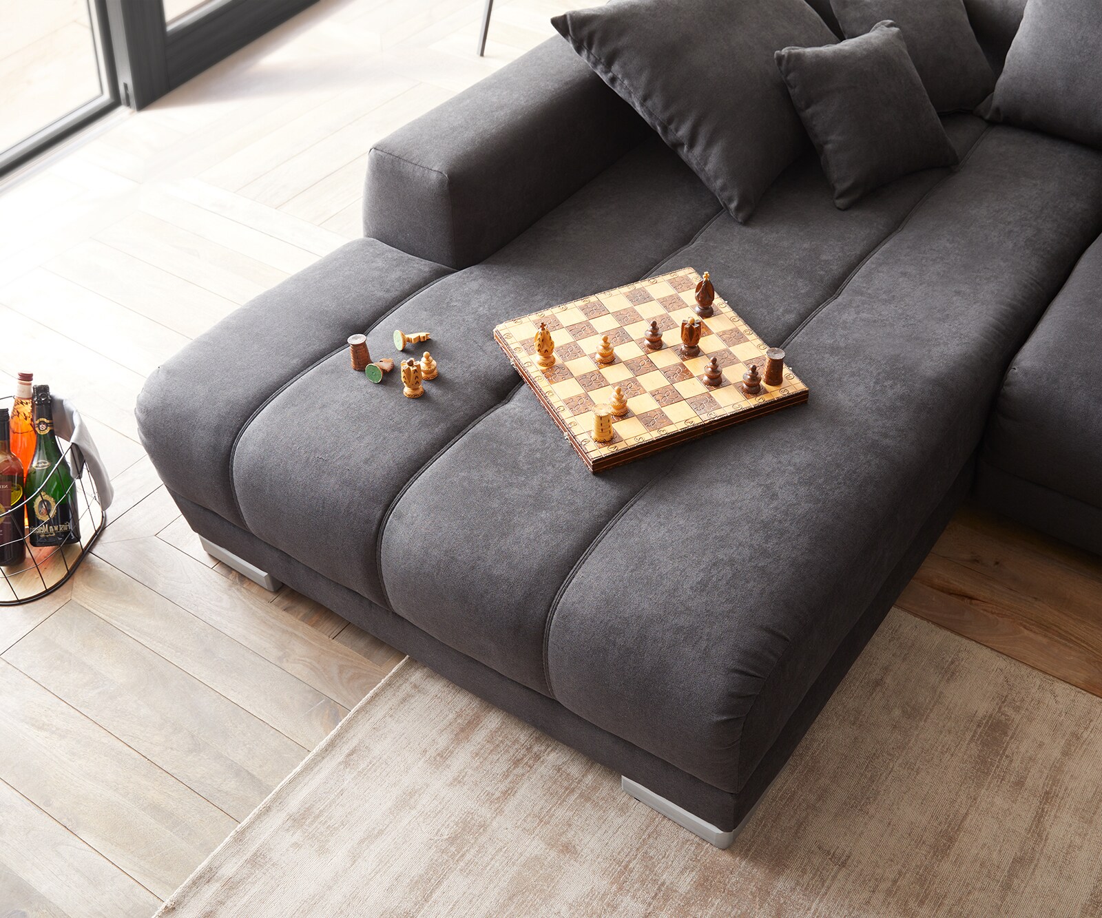 Canapé-panoramique Nabor 300x230 cm microfibre noir pouf à gauche incl. fonction d'extension électrique 4