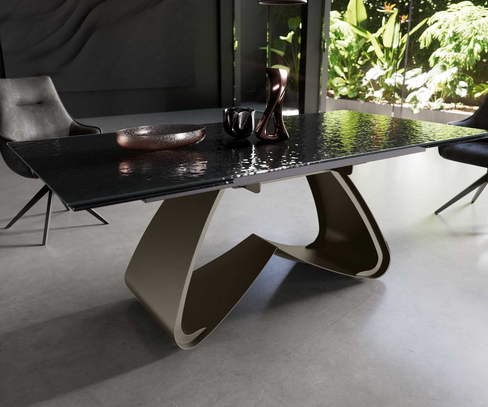 Esstisch Edge 200-300x100 Reliefglas Rauchschwarz 3D-Design W-Gestell Effektfinish Titan ausziehbar 5