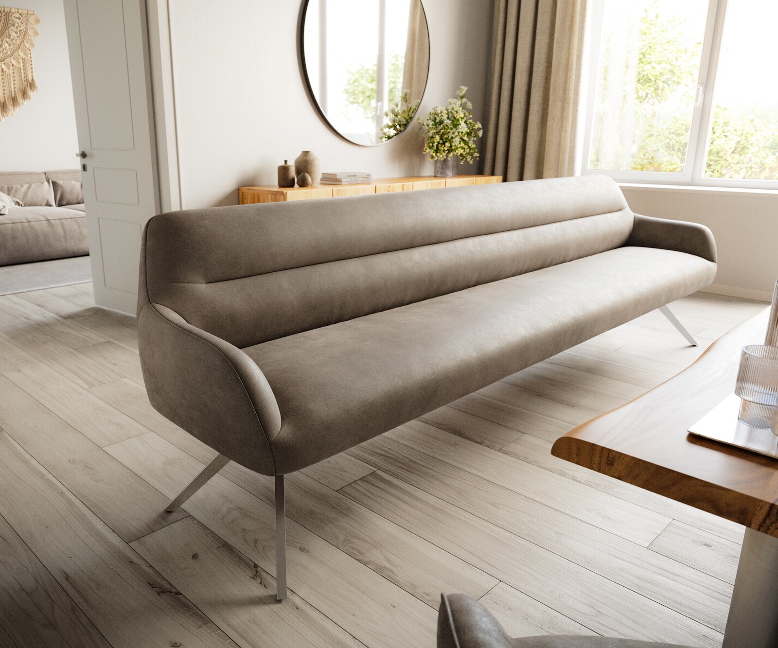 Banc-de-salle-à-manger Taya-Flex 300 cm microfibre taupe vintage pied croisé angulaire acier inoxydable ressort ensaché