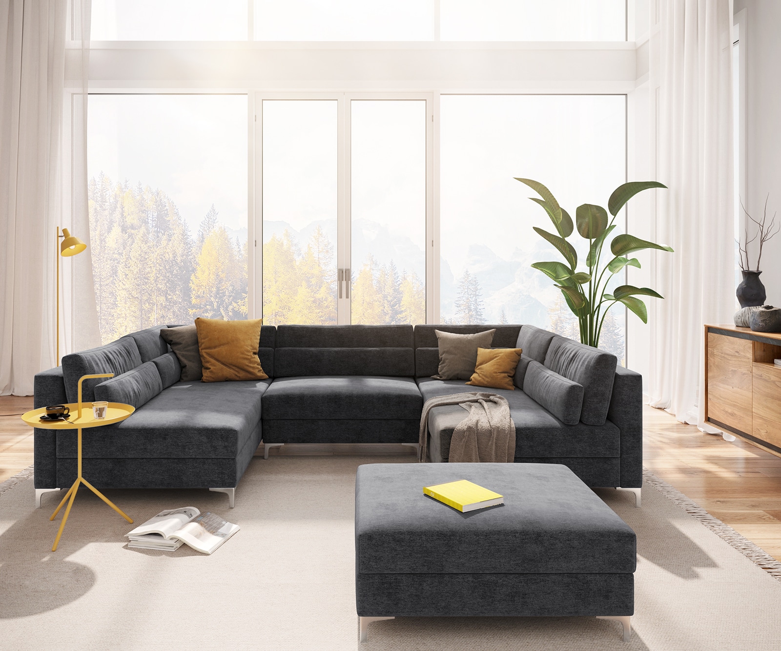 Wohnlandschaft Elio 300x185 cm Mikrofaser Graphite mit Hocker 1 Wohnlandschaft Elio 300x185 cm Mikrofaser Graphite mit Hocker 1