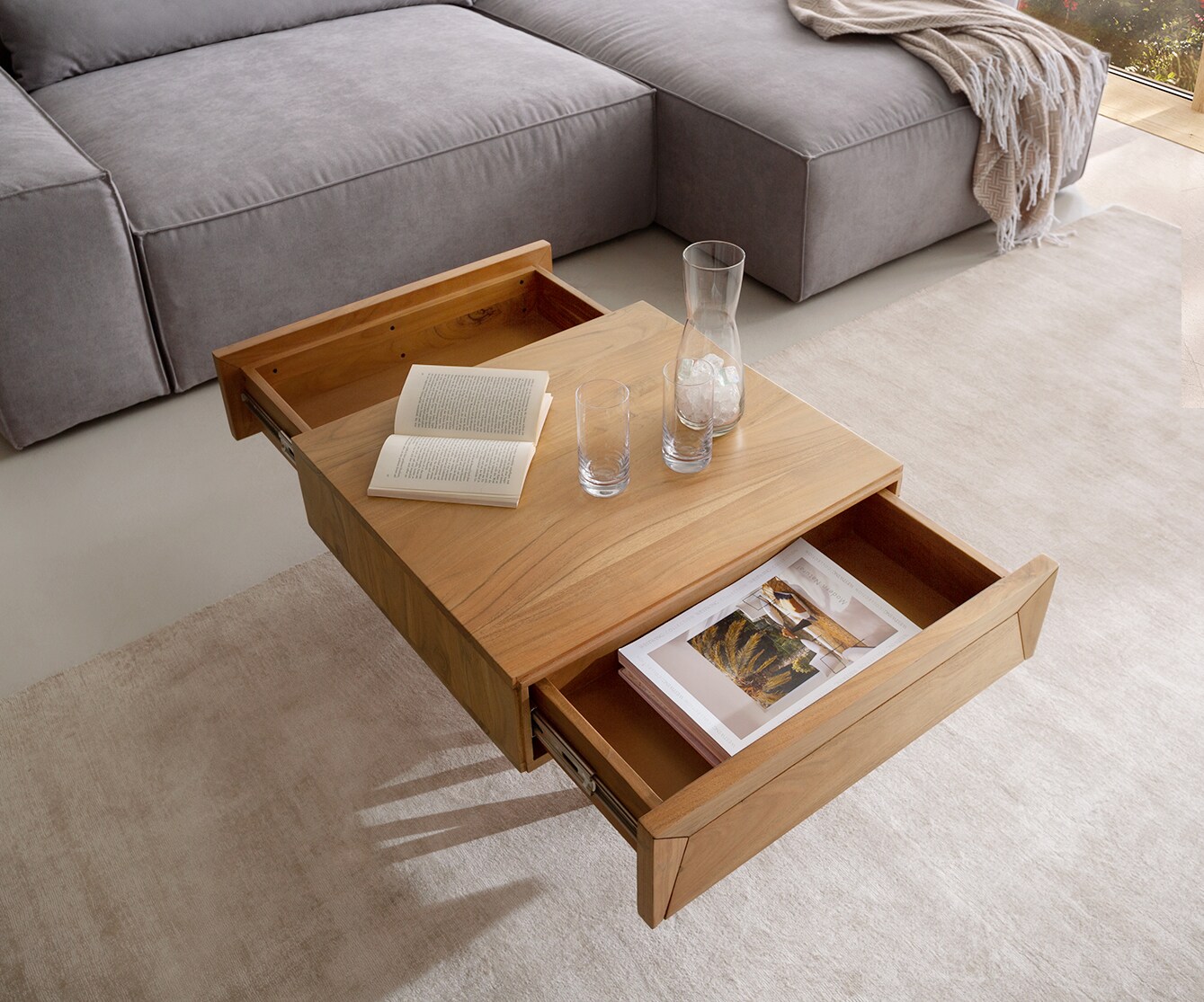 Couchtisch Kayu 60x60 cm Akazie Natur 2 Schübe V-Fuß Edelstahl 3