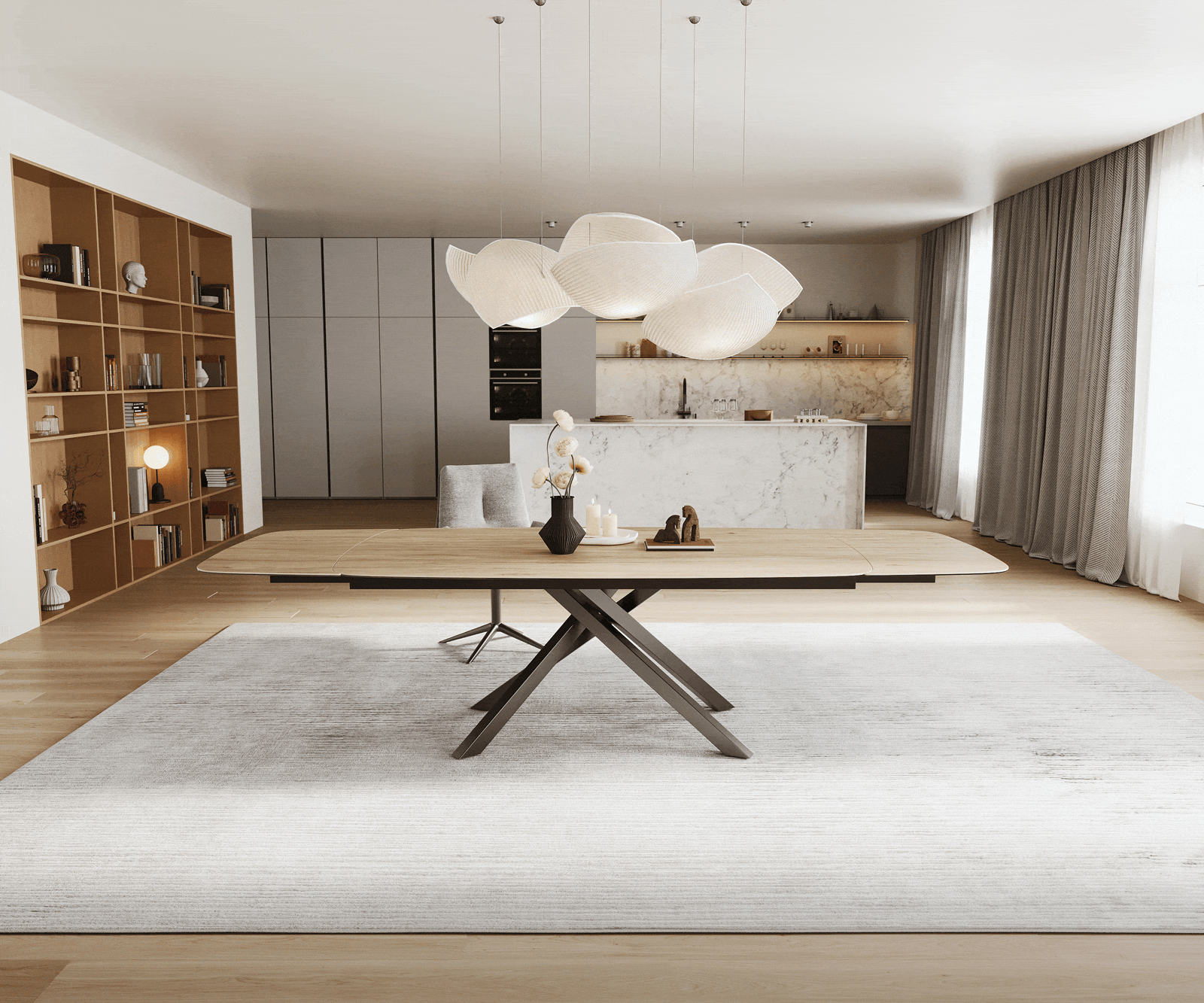 Esstisch Edge Boot 200-300x120 cm Keramik Laminam® Sabbia Eichefarbig Kreuzgestell Rechteck Edelstahl Graphit ausziehbar 1