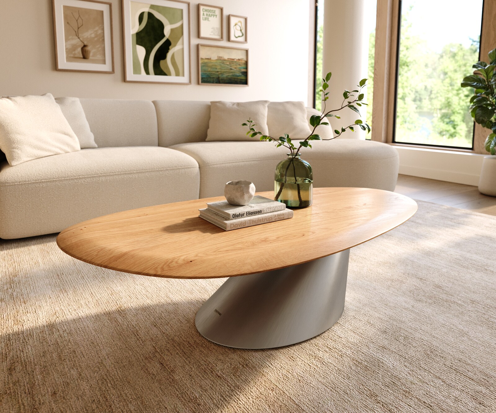 Table basse Edge Oval 140x75 cm chêne naturel bord arrondi Parabi acier inoxydable brossé 2