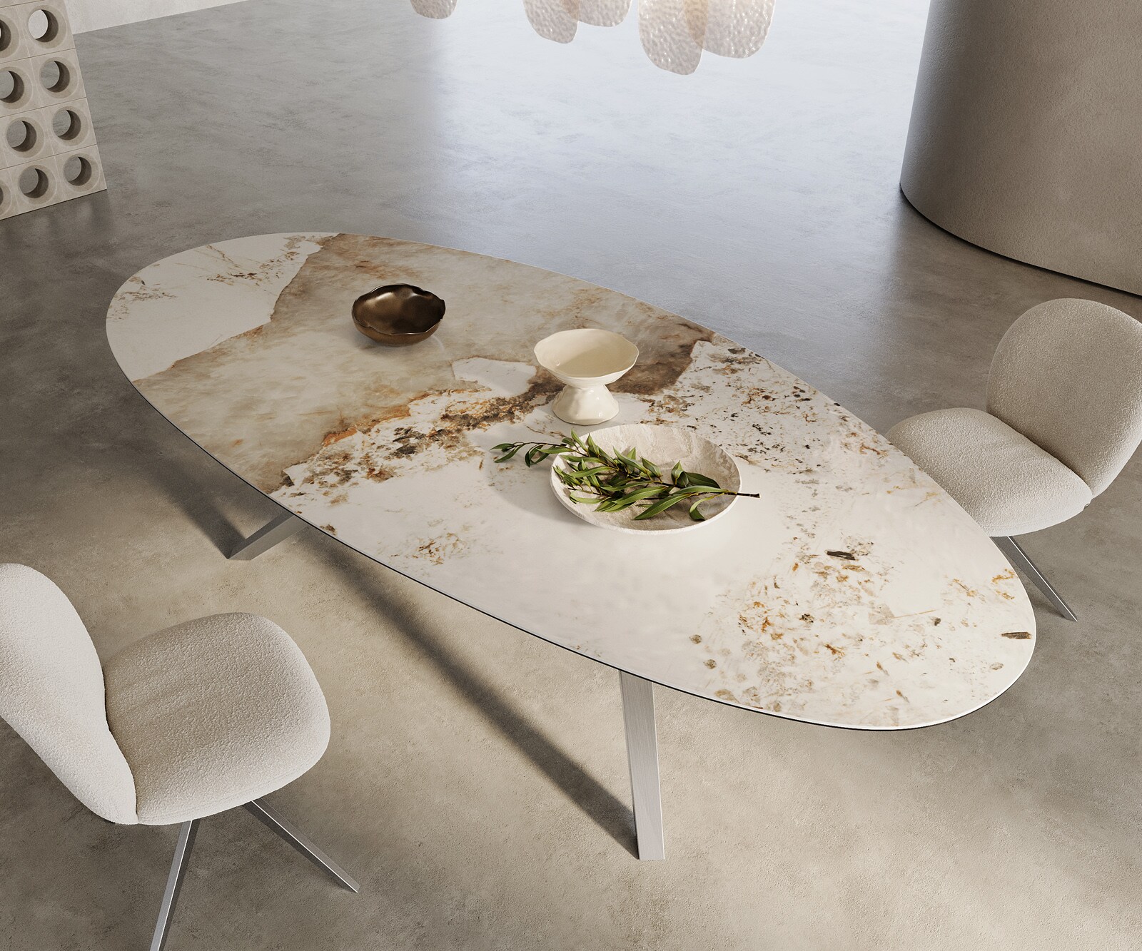 Table à manger Edge Ovale 280x130 Céramique Minas Melange Blanc-Beige Zenthara anguleux Acier inoxydable 1