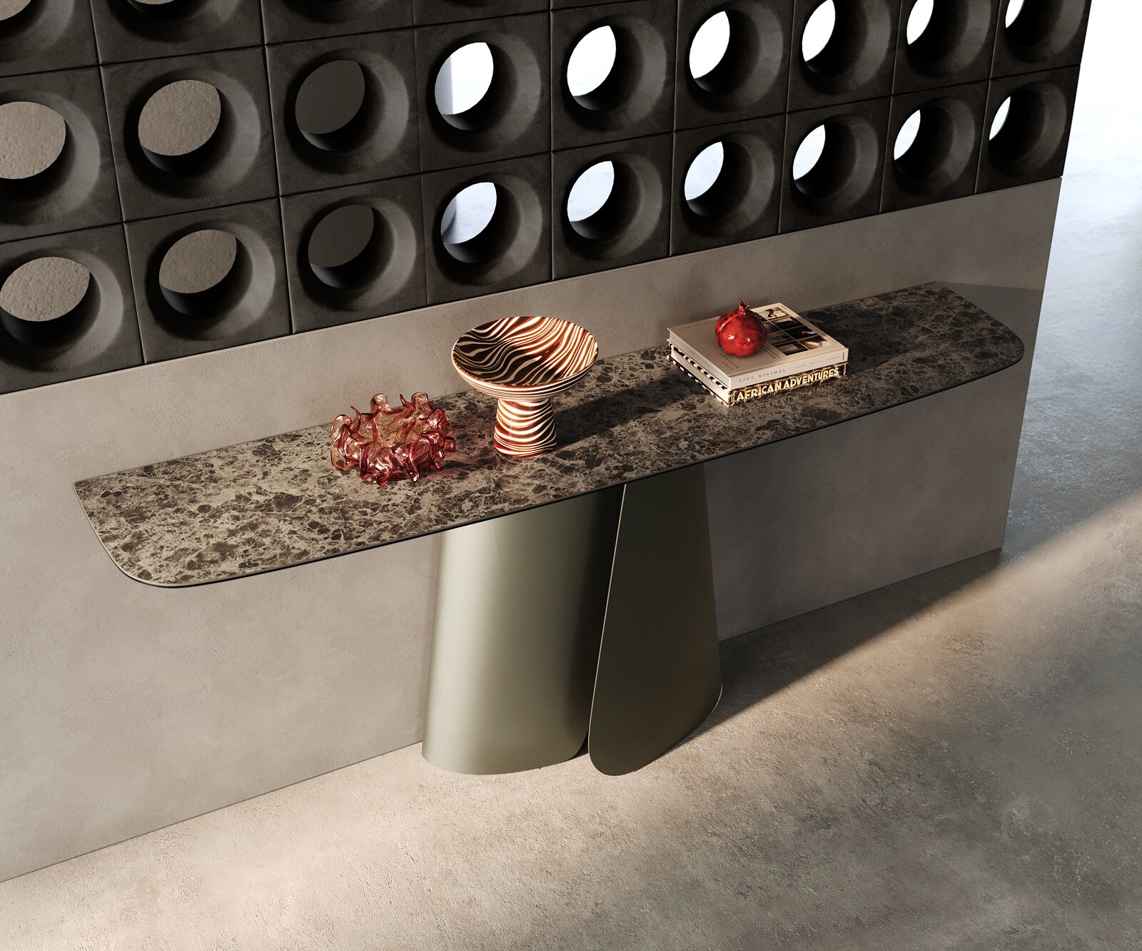 Console Edge forme bateau 180x40 cm Céramique Emperador Extra Lucidato Dunkelbraun Livos Métal Effektfinish Titan 1