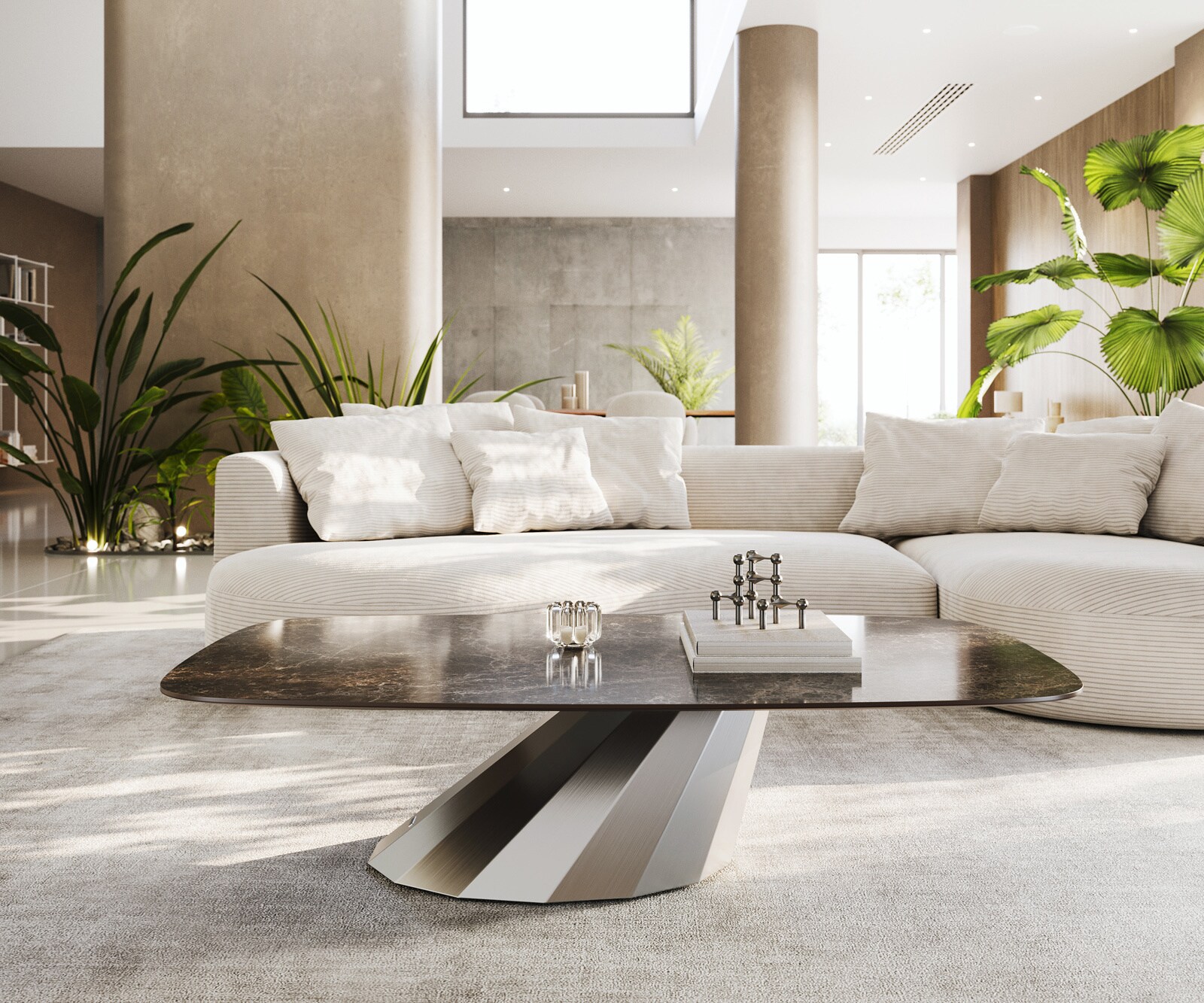 Table basse Edge bateau 140x80 cm céramique Emperador Extra Lucidato brun foncé Parabi acier inoxydable brossé 2