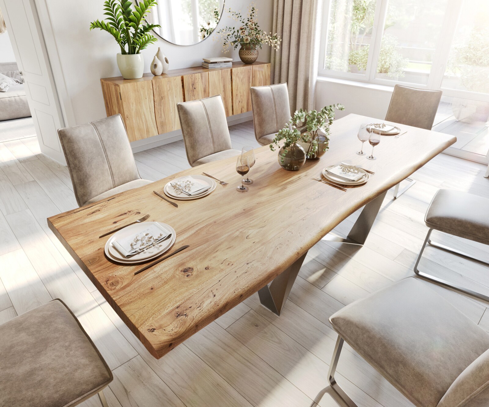 Table à manger Edge 280x100 XL acacia nature Spider acier plat acier inoxydable Live-Edge 3
