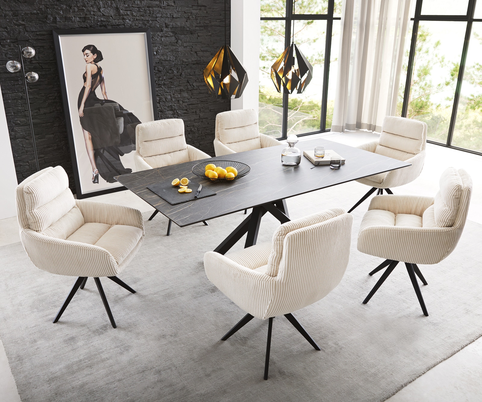 Chaise-de-salle-à-manger Abelia-Flex avec accoudoirs côtelé beige vintage pied croisé angulaire noir 3 Chaise-de-salle-à-manger Abelia-Flex avec accoudoirs côtelé beige vintage pied croisé angulaire noir 3