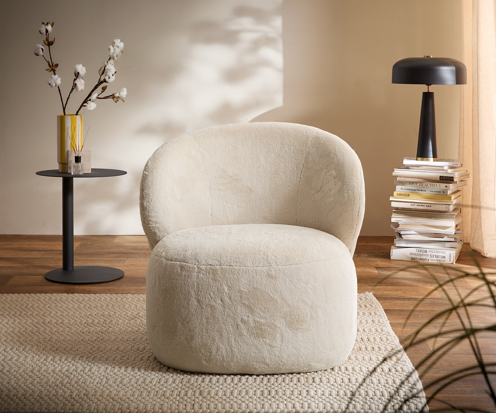 Fauteuil-lounge Pulo 80x80 cm peluche Crème-Blanc 1