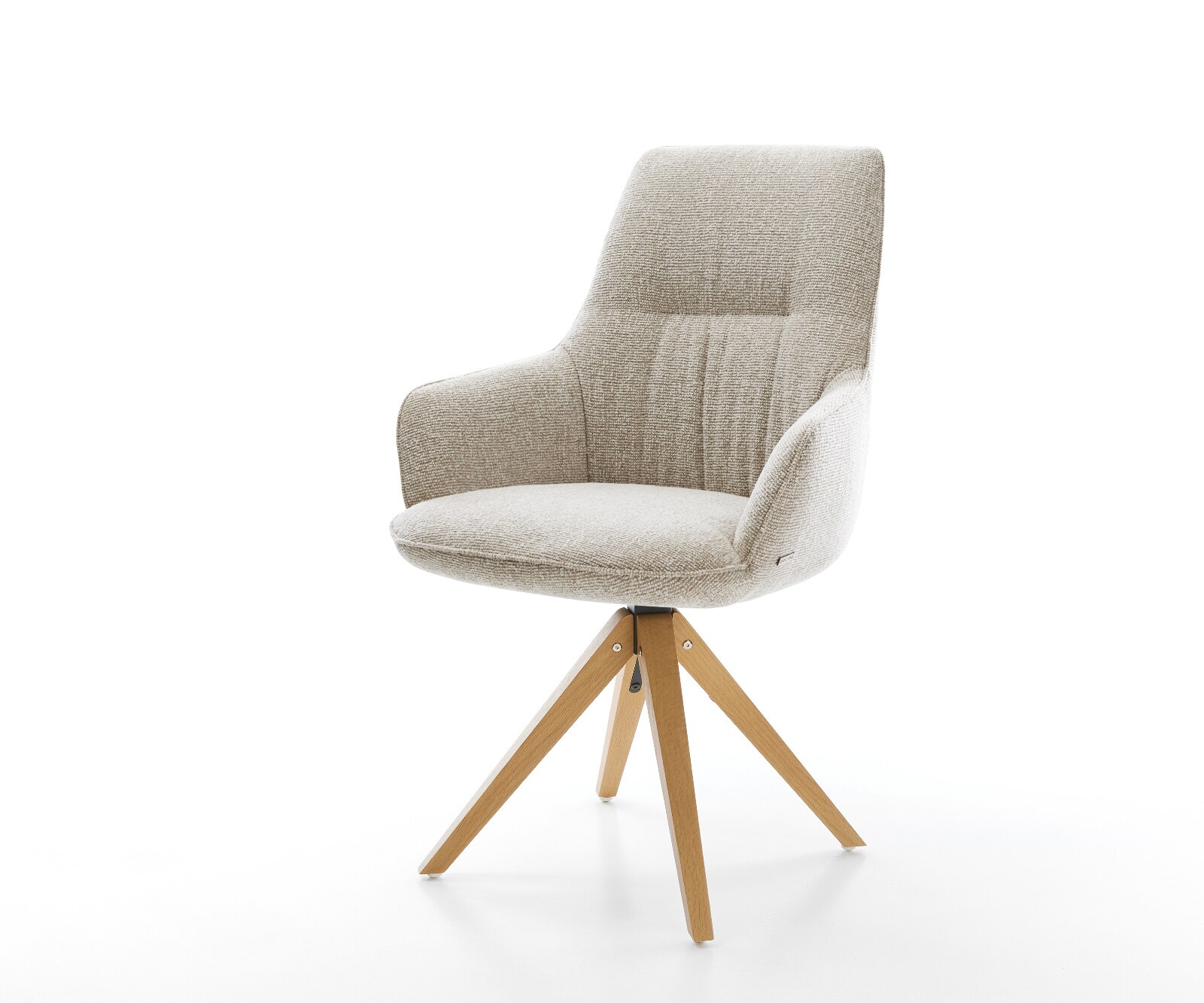 Chaise-pivotante Zelia-Flex avec accoudoirs tissu tissé doux beige pied en bois angulaire naturel pivotement sur 180° resorts ensachés