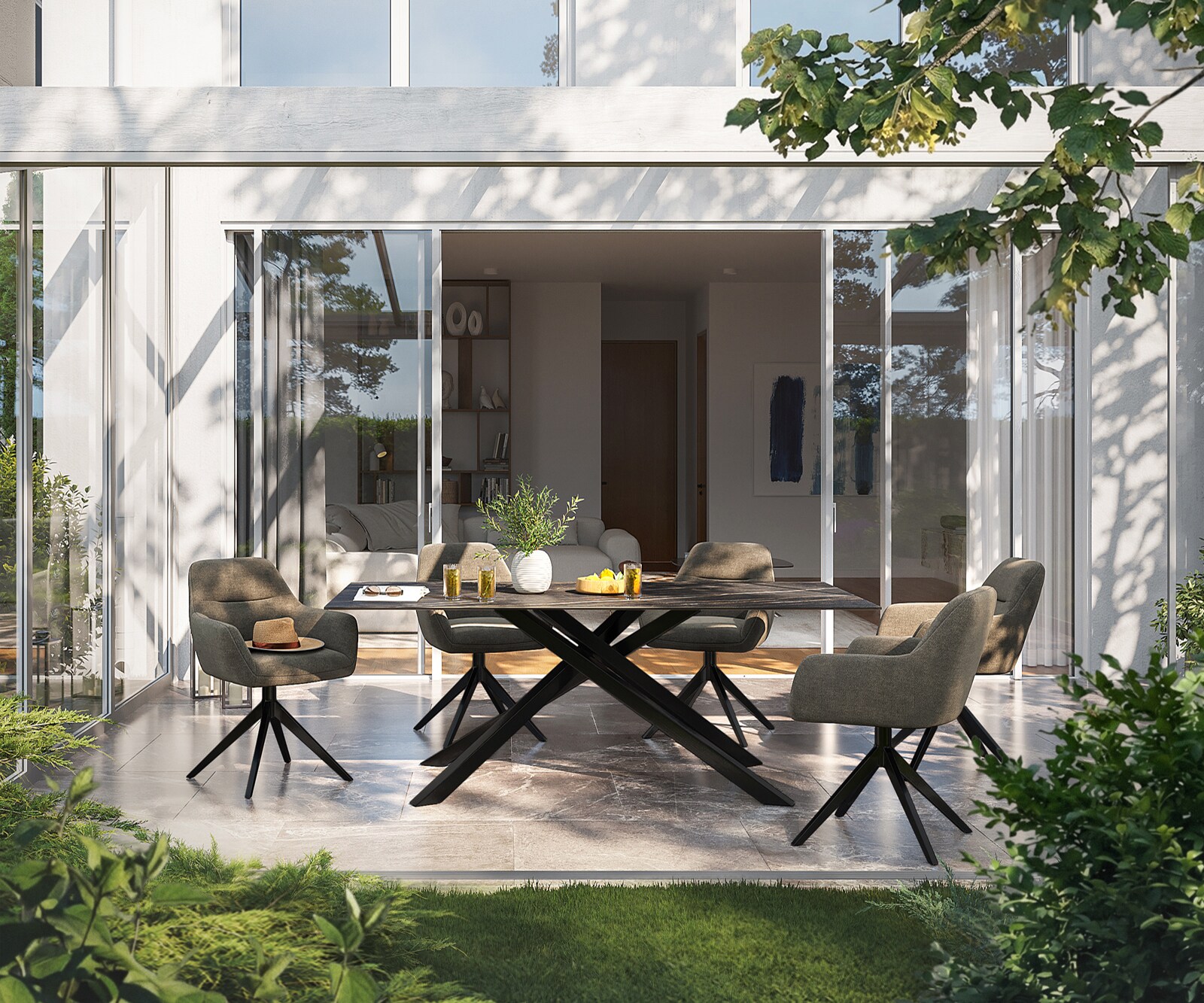 Outdoortisch Edge 200x100 cm Keramik Laminam® Noir Desir Braun Kreuzgestell Rechteck Schwarz 4