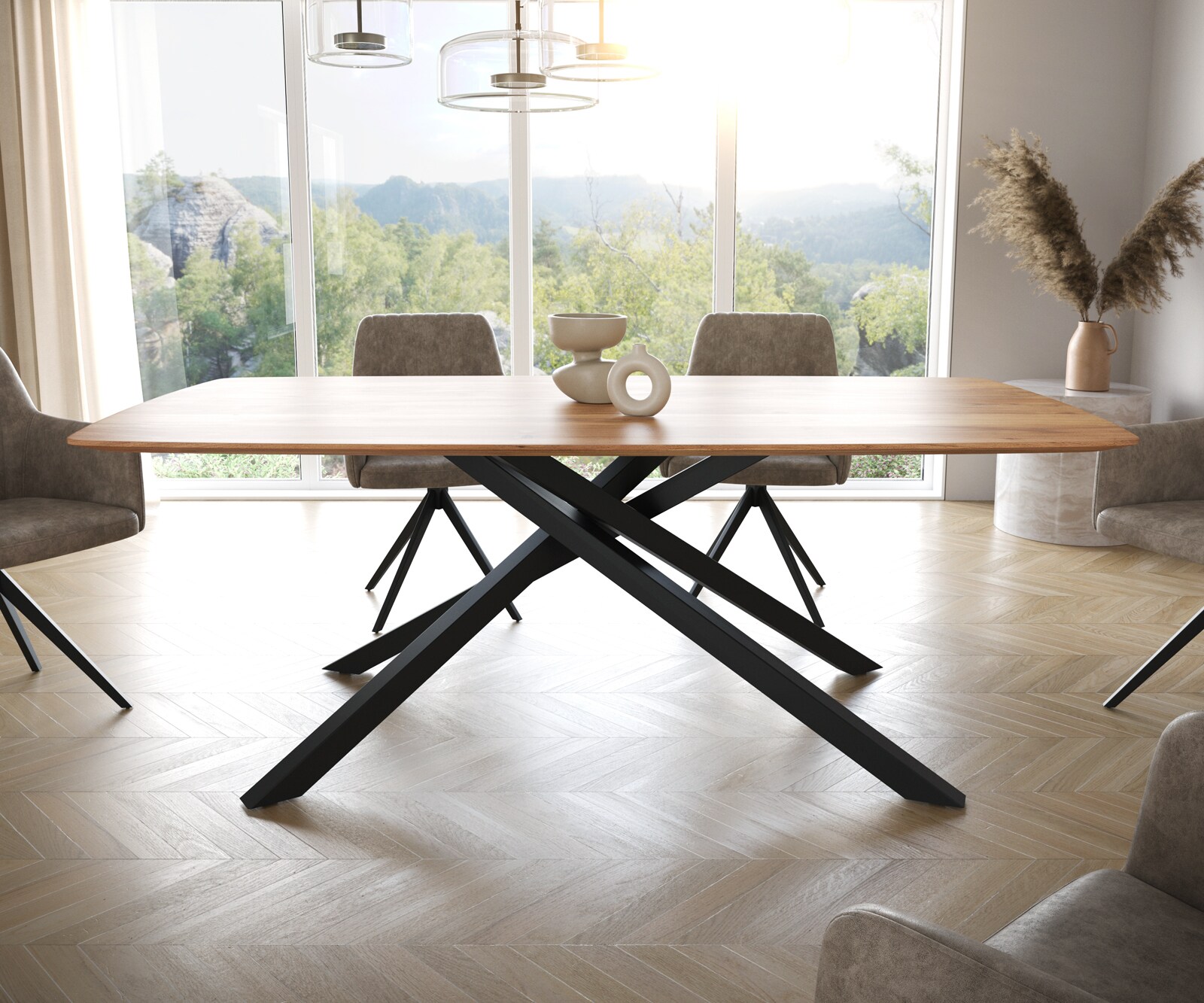 Table à manger Edge Boot 200x100 acacia nature cadre croisé rectangle noir bord suisse 2